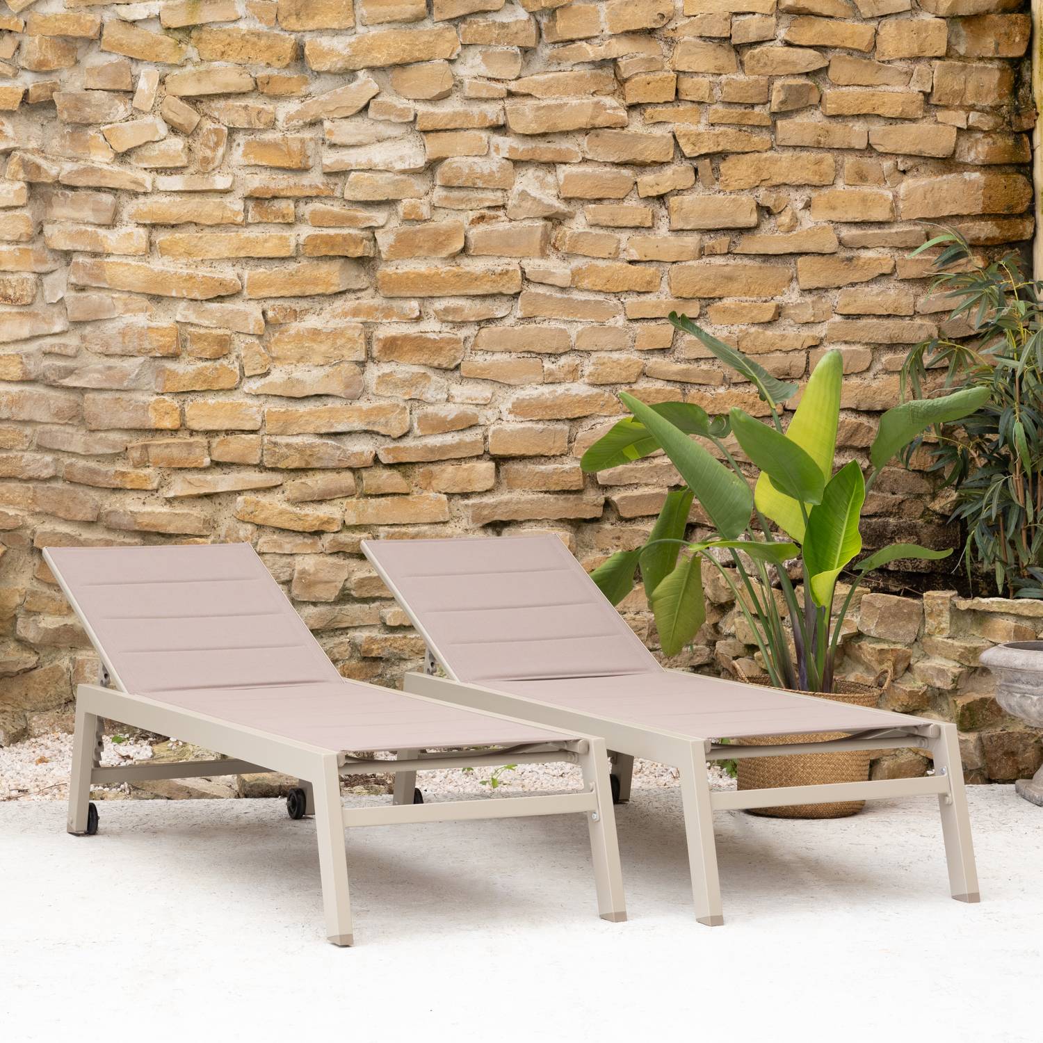 Lot de 2 bains de soleil BARBADOS en textilène taupe - aluminium taupe - HAPPY GARDEN - Imagen 10