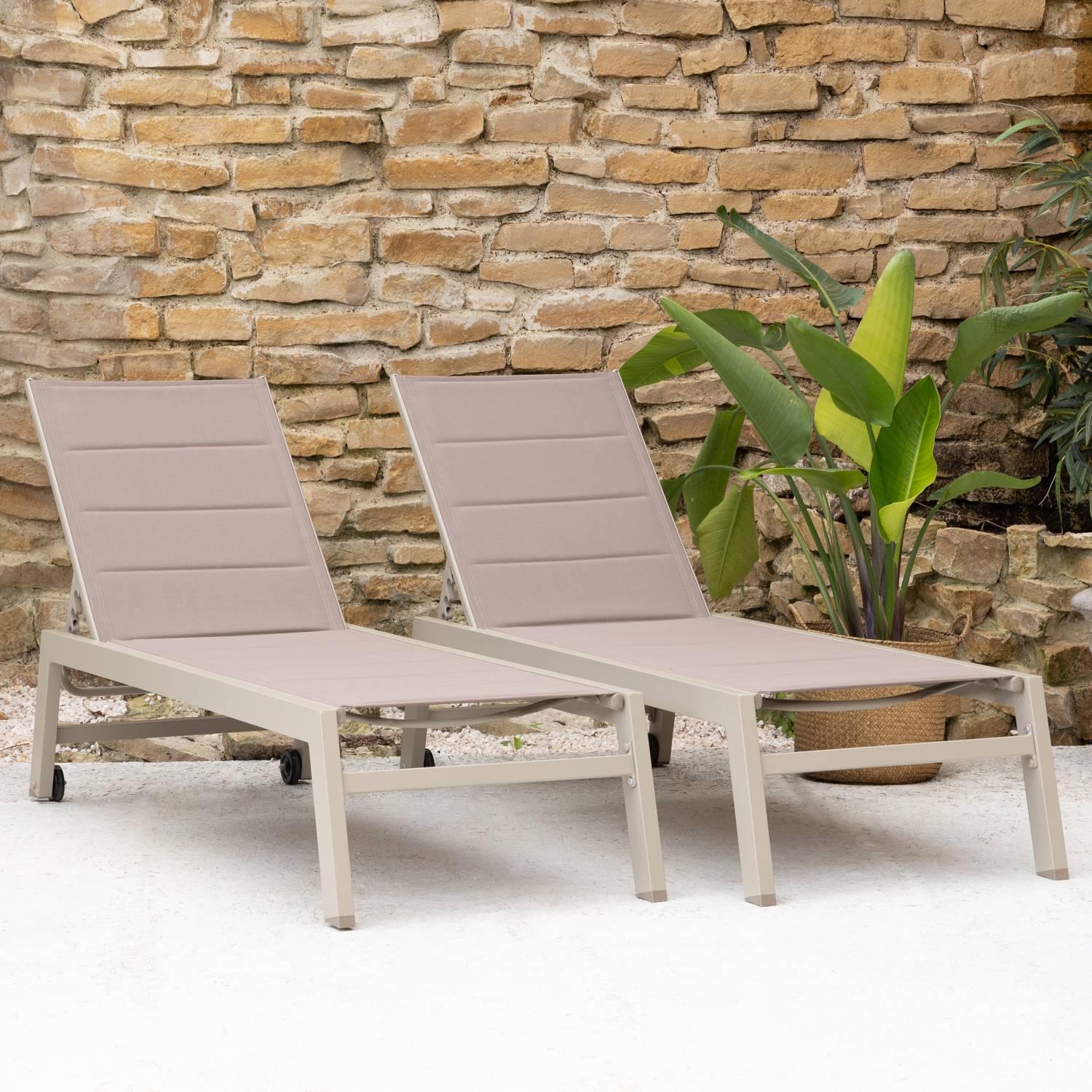 Lot de 2 bains de soleil BARBADOS en textilène taupe - aluminium taupe - HAPPY GARDEN - Imagen 2