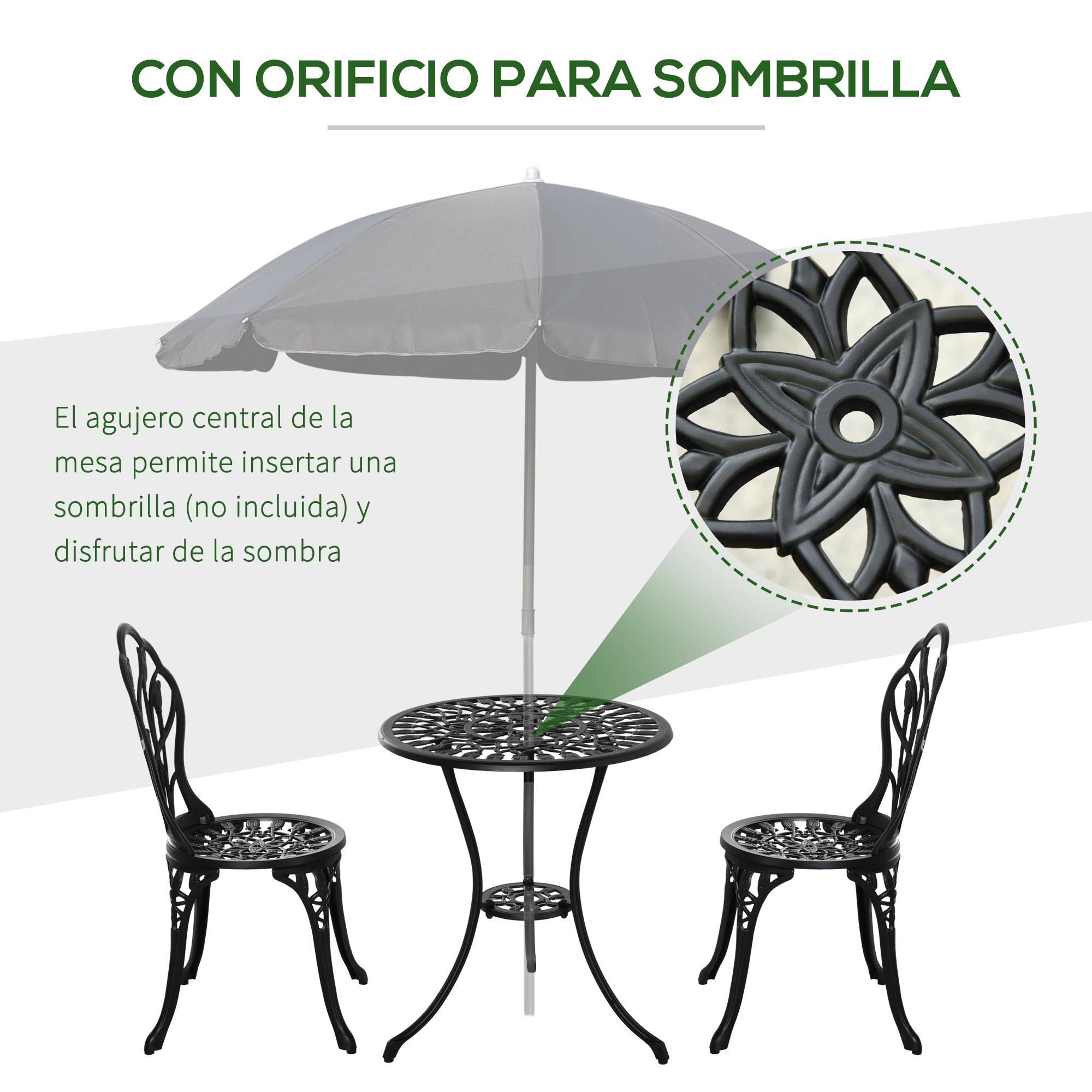 Ensemble jardin 3 pièces aluminium pour terrasse table ronde trou parasol chaises noir - ComfortXL Outdoor Living - Image 6