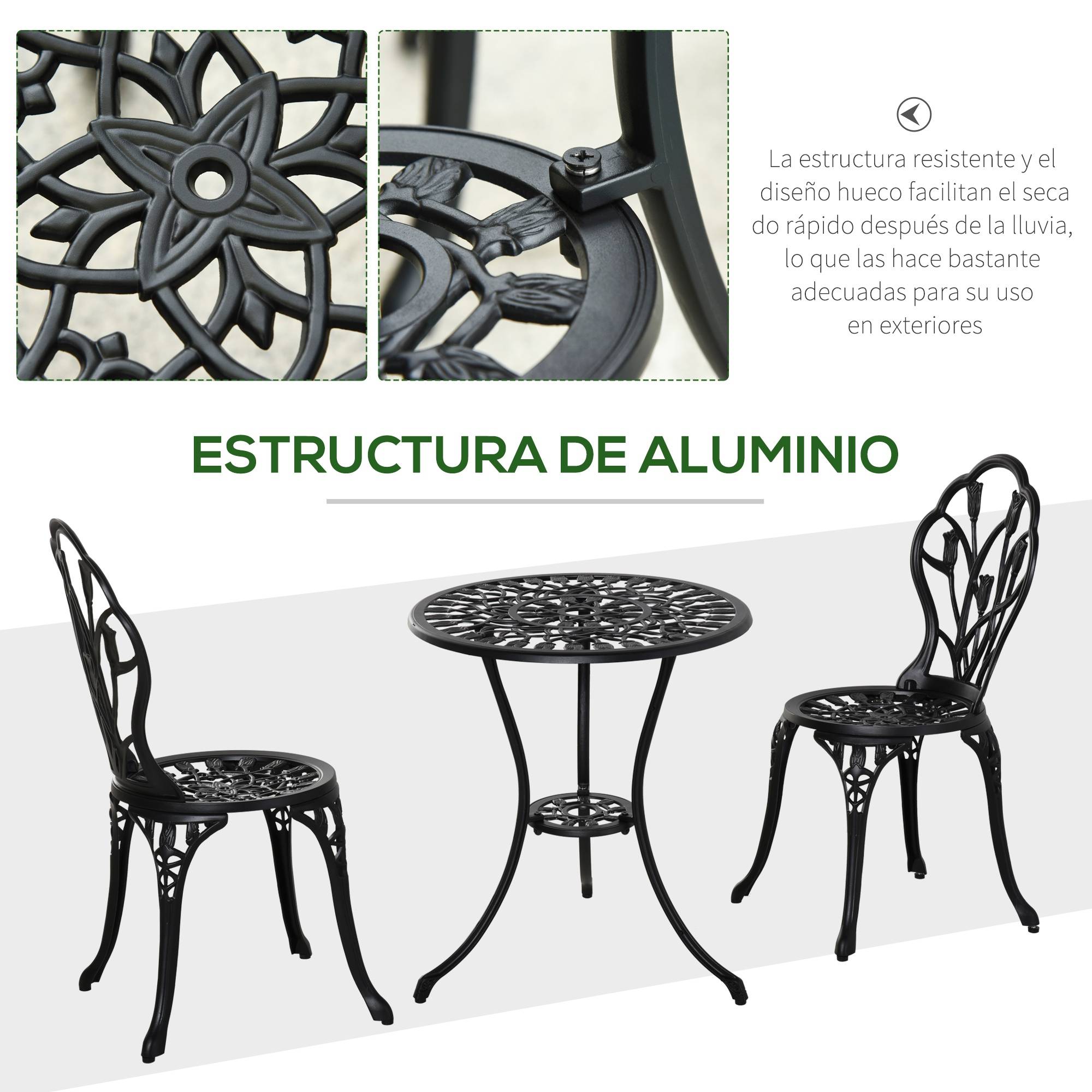Ensemble jardin 3 pièces aluminium pour terrasse table ronde trou parasol chaises noir - ComfortXL Outdoor Living - Image 7