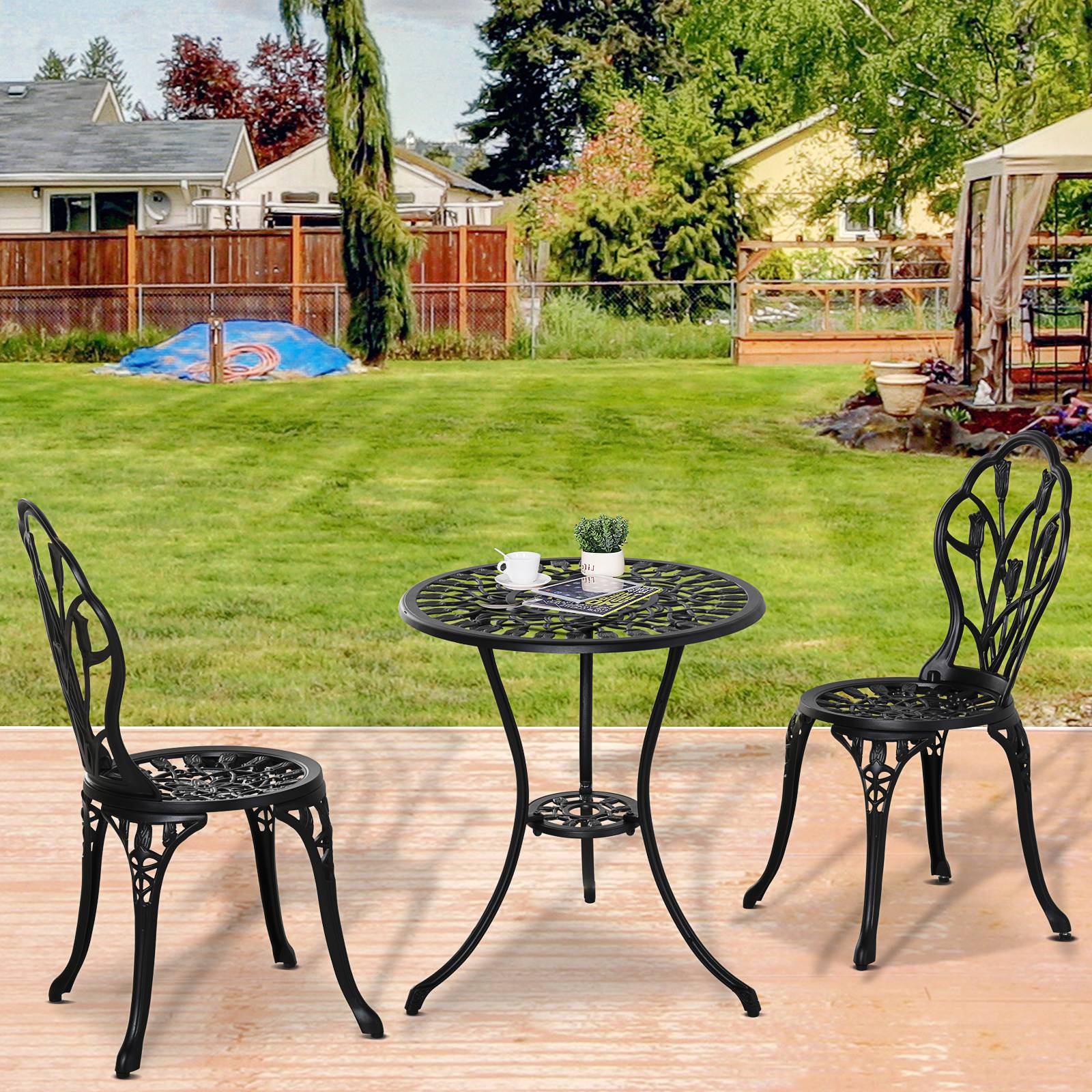 Ensemble jardin 3 pièces aluminium pour terrasse table ronde trou parasol chaises noir - ComfortXL Outdoor Living - Image 3