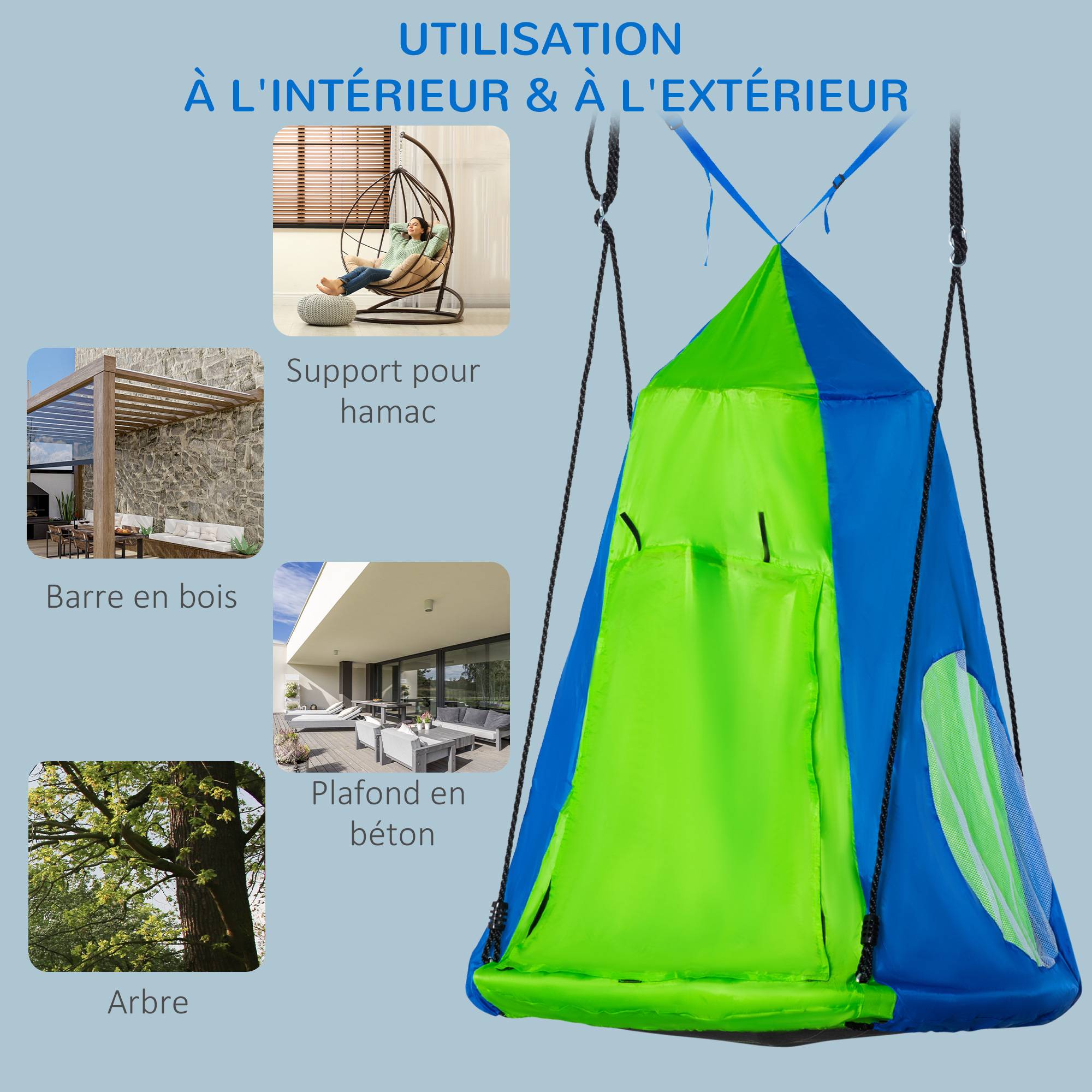 Outsunny - Balançoire nid d'oiseau ronde balançoire panier Ø 1 x 1,8H m - tente amovible, 4 anneaux - métal époxy Oxford haute densité bleu vert - Outsunny - Imagen 5