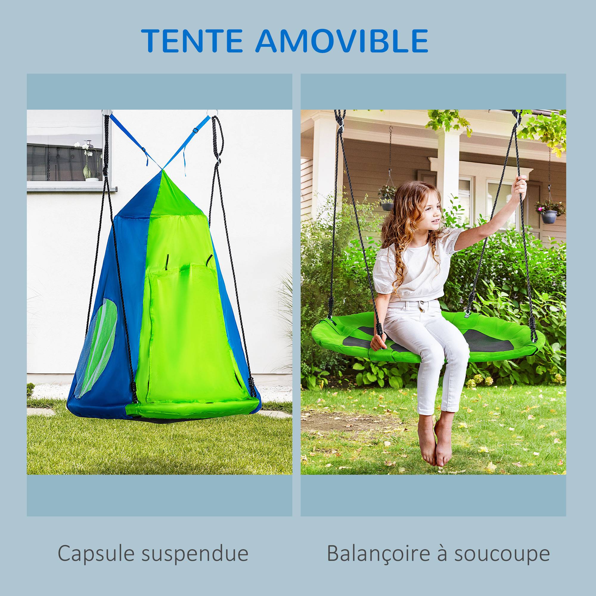 Outsunny - Balançoire nid d'oiseau ronde balançoire panier Ø 1 x 1,8H m - tente amovible, 4 anneaux - métal époxy Oxford haute densité bleu vert - Outsunny - Imagen 4
