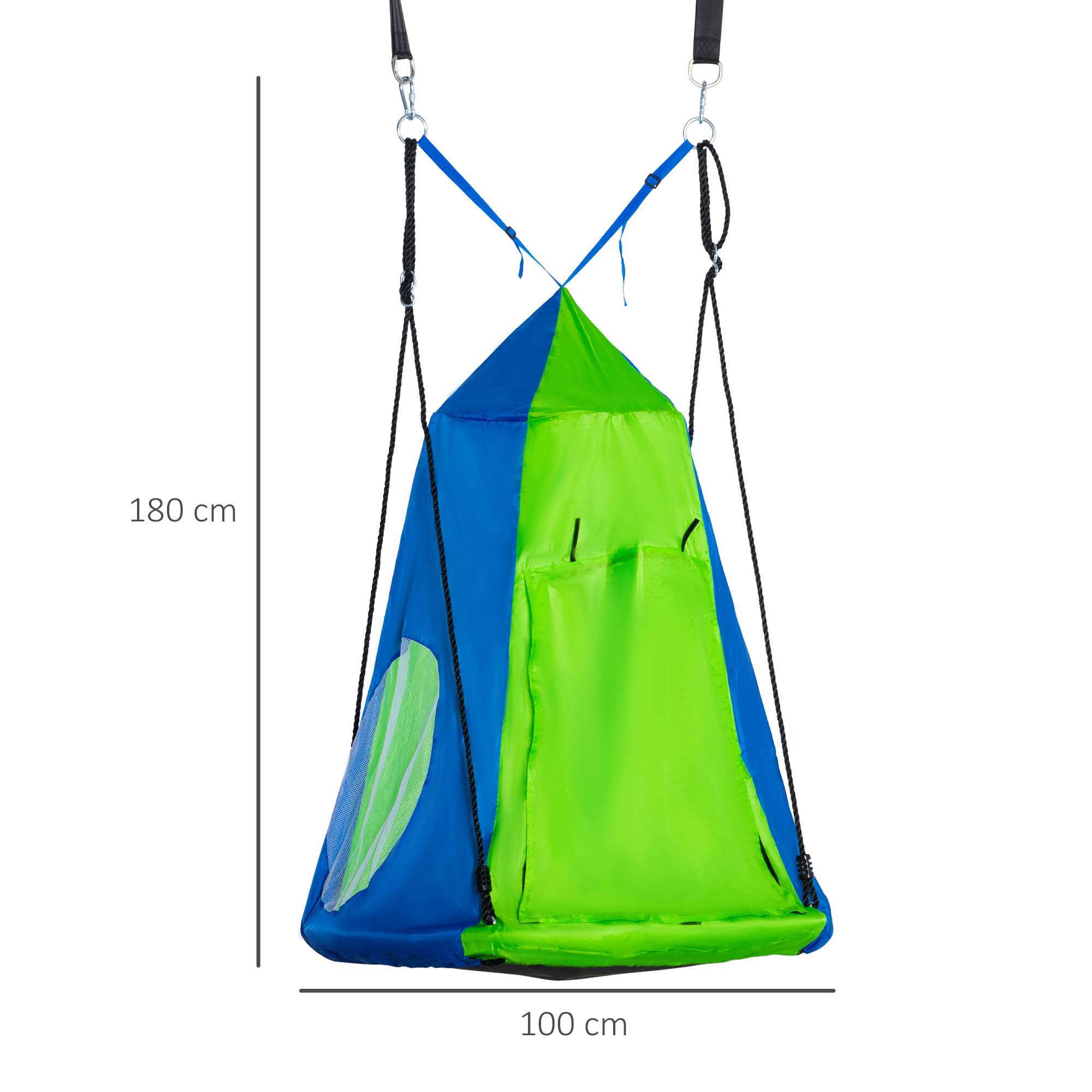 Outsunny - Balançoire nid d'oiseau ronde balançoire panier Ø 1 x 1,8H m - tente amovible, 4 anneaux - métal époxy Oxford haute densité bleu vert - Outsunny - Imagen 3