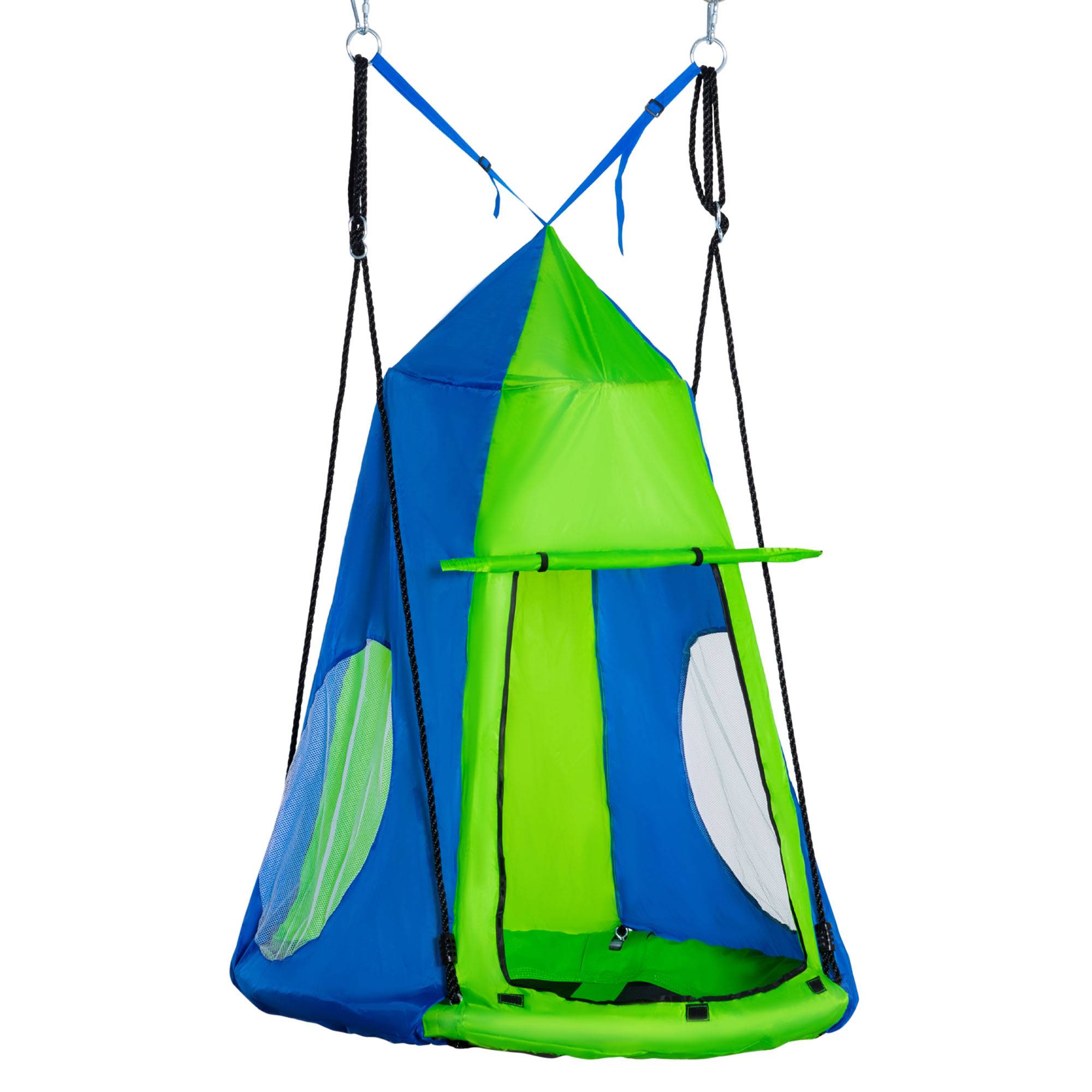 Outsunny - Balançoire nid d'oiseau ronde balançoire panier Ø 1 x 1,8H m - tente amovible, 4 anneaux - métal époxy Oxford haute densité bleu vert - Outsunny - Imagen 1