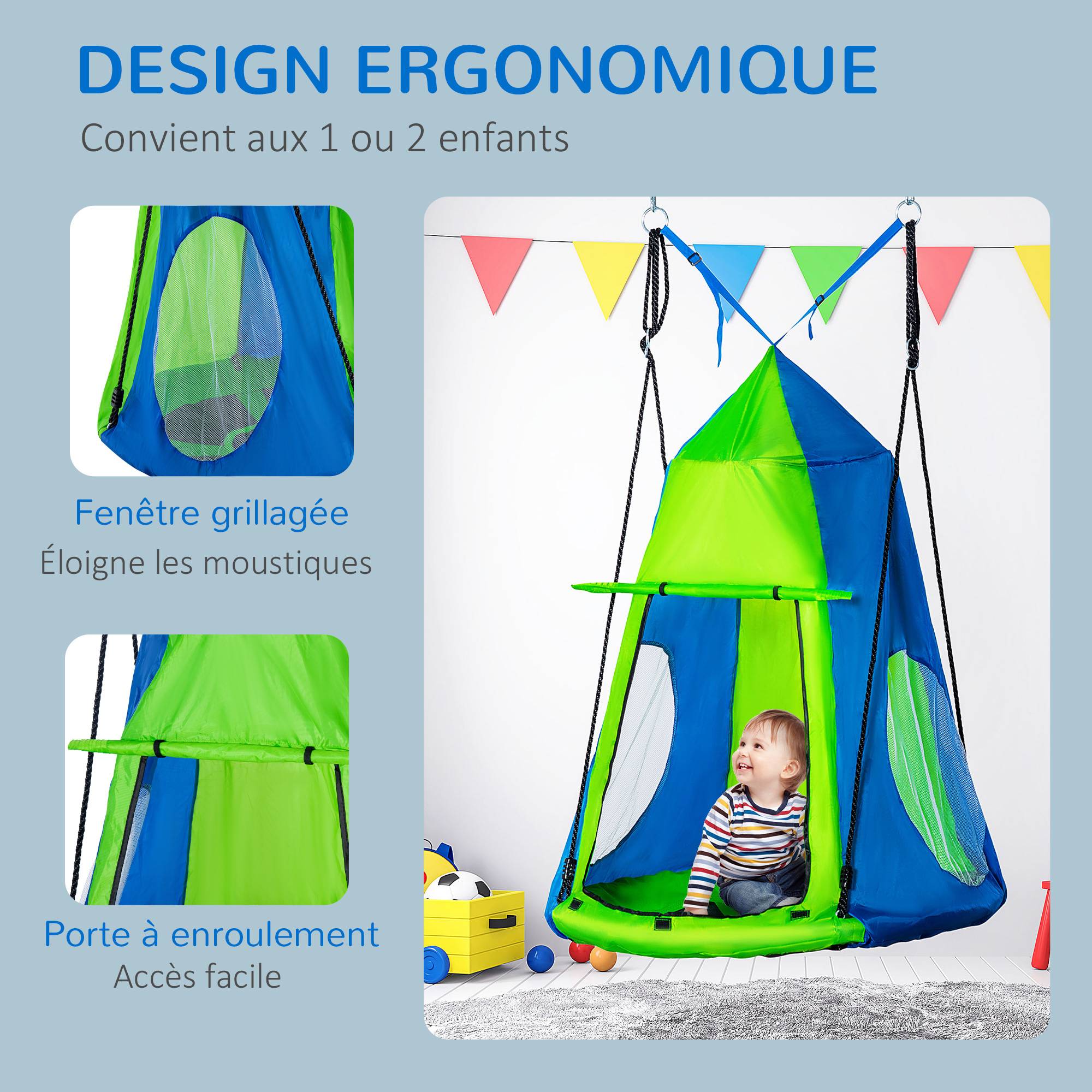 Outsunny - Balançoire nid d'oiseau ronde balançoire panier Ø 1 x 1,8H m - tente amovible, 4 anneaux - métal époxy Oxford haute densité bleu vert - Outsunny - Imagen 6