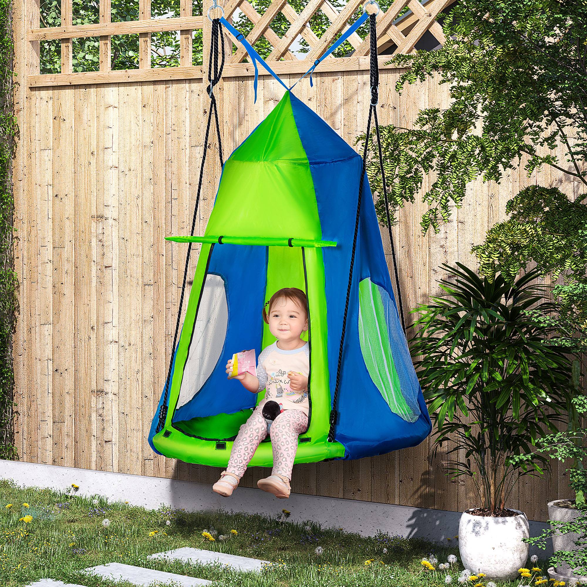 Outsunny - Balançoire nid d'oiseau ronde balançoire panier Ø 1 x 1,8H m - tente amovible, 4 anneaux - métal époxy Oxford haute densité bleu vert - Outsunny - Imagen 2