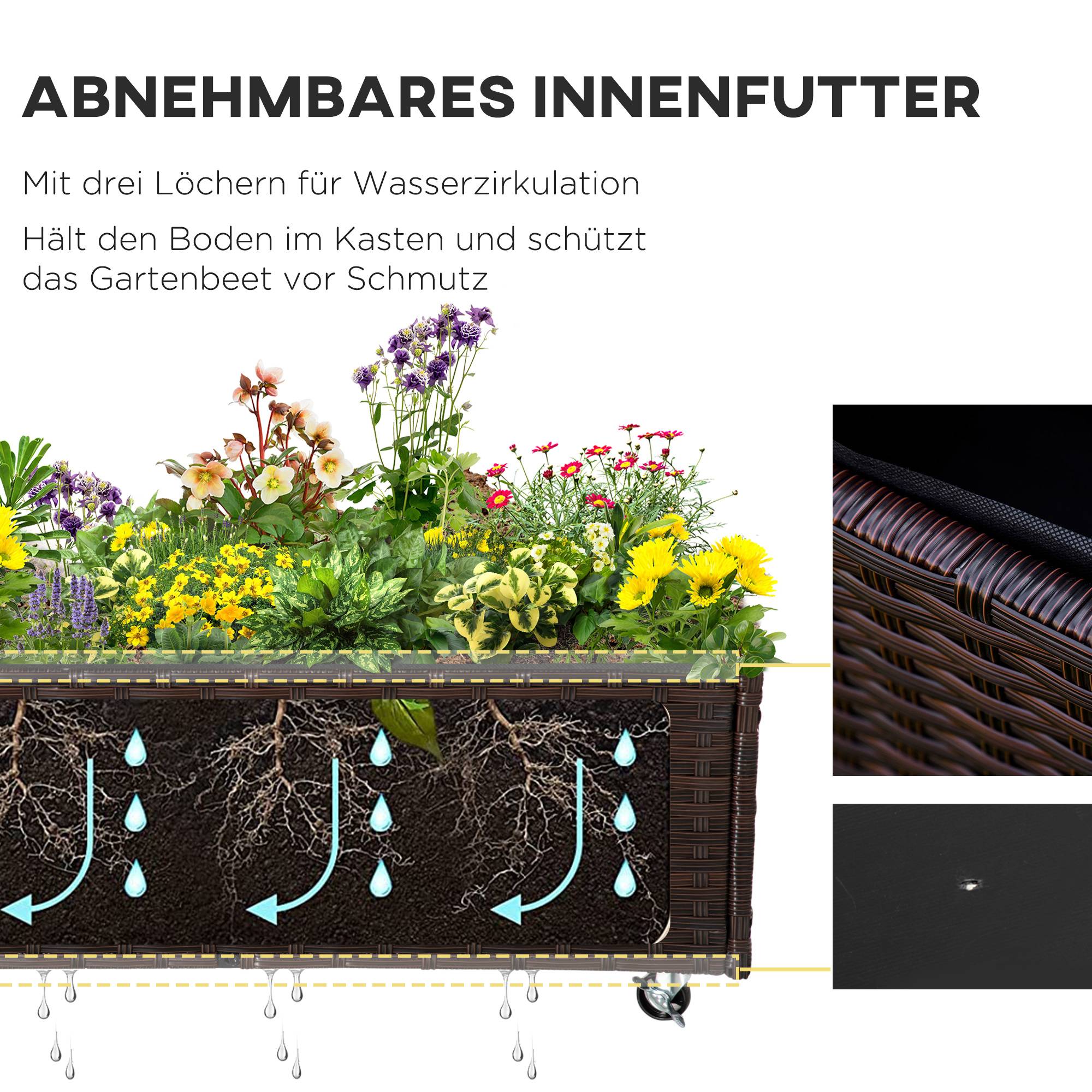 Jardinière surélevée polyrotin avec roues, drainage, bac à fleurs, café 94,5x31x36 cm - Image 7