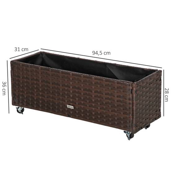 Jardinière surélevée polyrotin avec roues, drainage, bac à fleurs, café 94,5x31x36 cm - Image 5