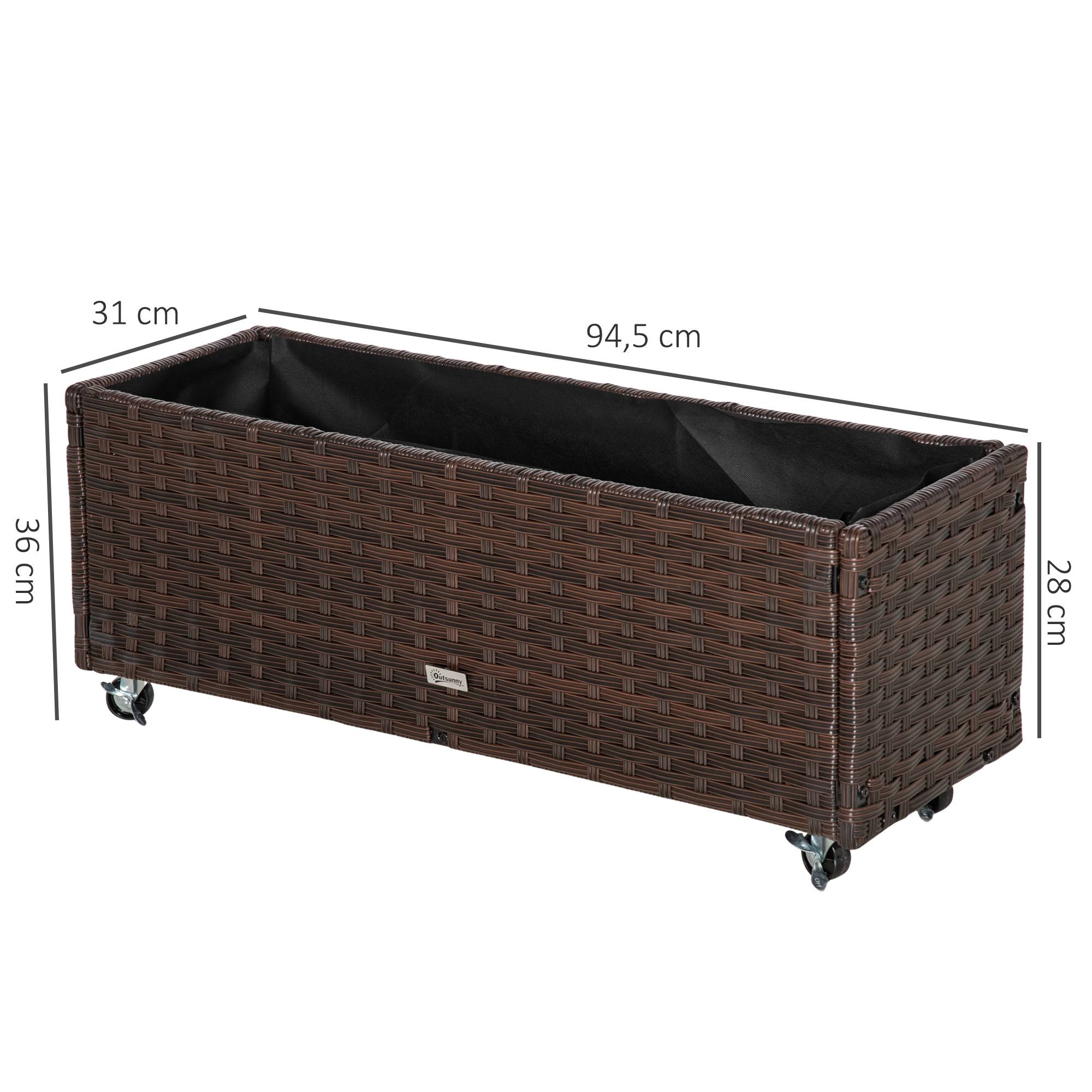 Jardinière surélevée polyrotin avec roues, drainage, bac à fleurs, café 94,5x31x36 cm - Image 5