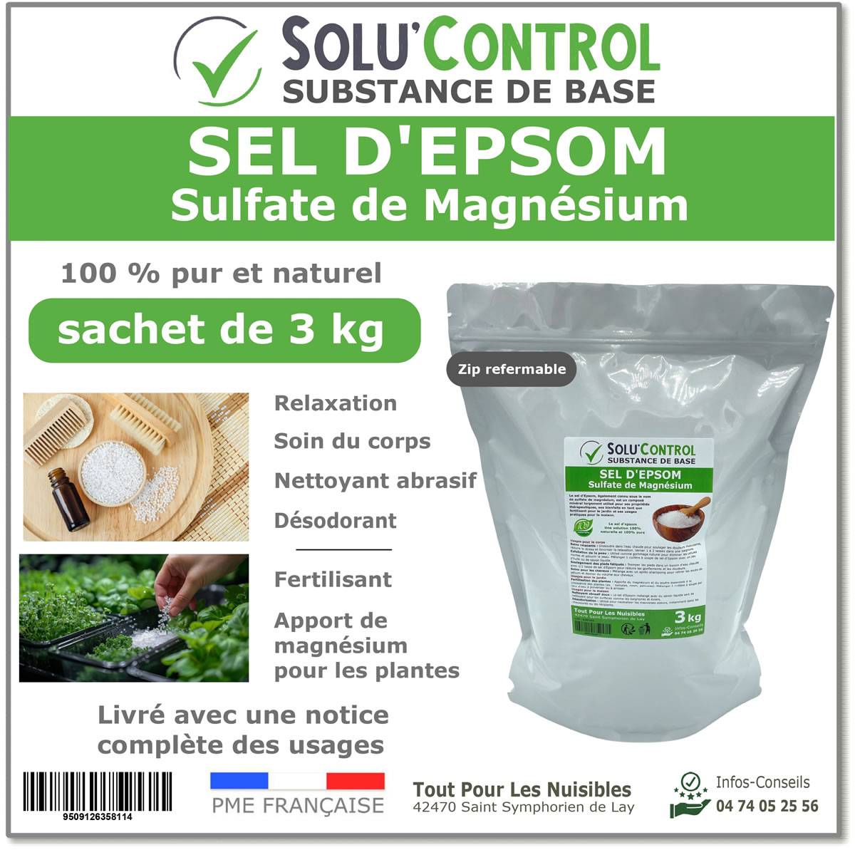 SOLU'CONTROL - Sel d'Epsom 3 kg - Sulfate de Magnésium 100% Pur et Naturel - Soin du Corps, Fertilisant et Apport en Magnésium pour plantes - Image 1