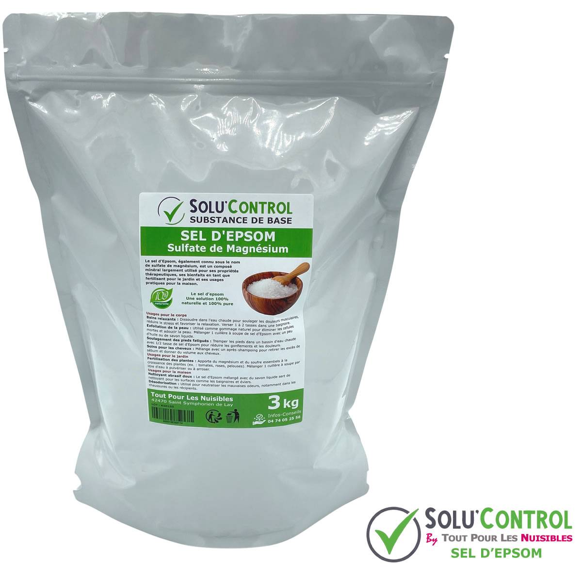 SOLU'CONTROL - Sel d'Epsom 3 kg - Sulfate de Magnésium 100% Pur et Naturel - Soin du Corps, Fertilisant et Apport en Magnésium pour plantes - Image 2