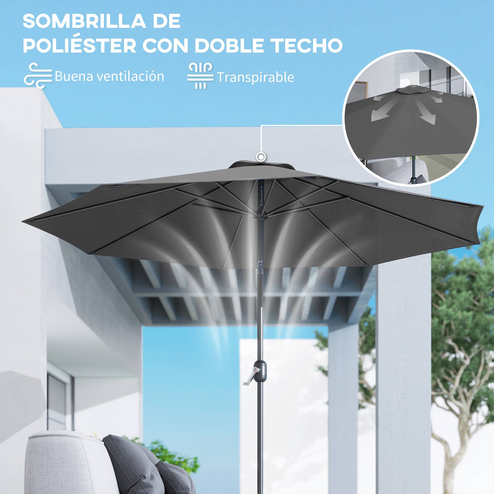 Parasol de jardin Ø295x250 cm, manivelle, inclinaison, mat metal demontable, terrasse piscine, gris fonce - Image 10