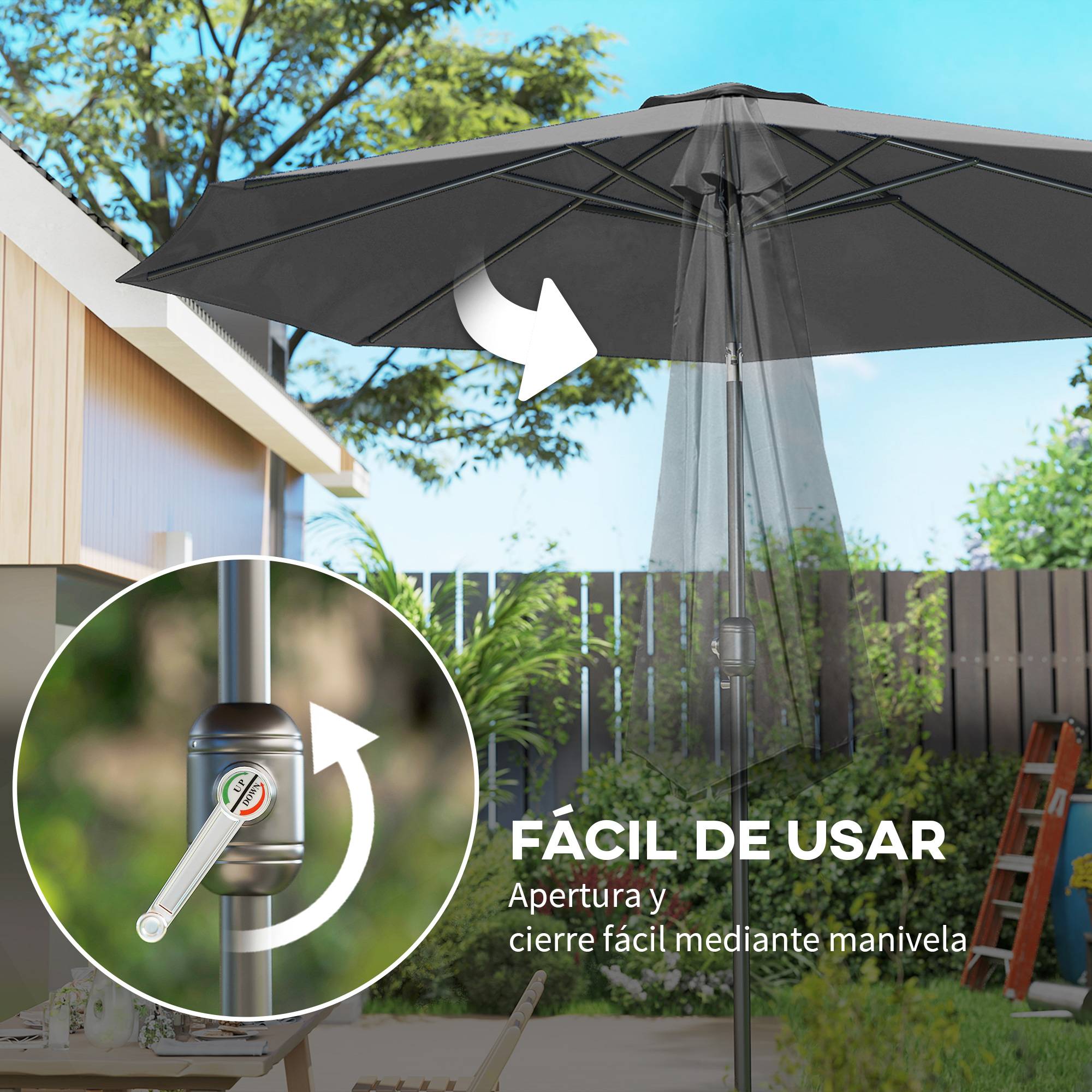 Parasol de jardin Ø295x250 cm, manivelle, inclinaison, mat metal demontable, terrasse piscine, gris fonce - Image 7