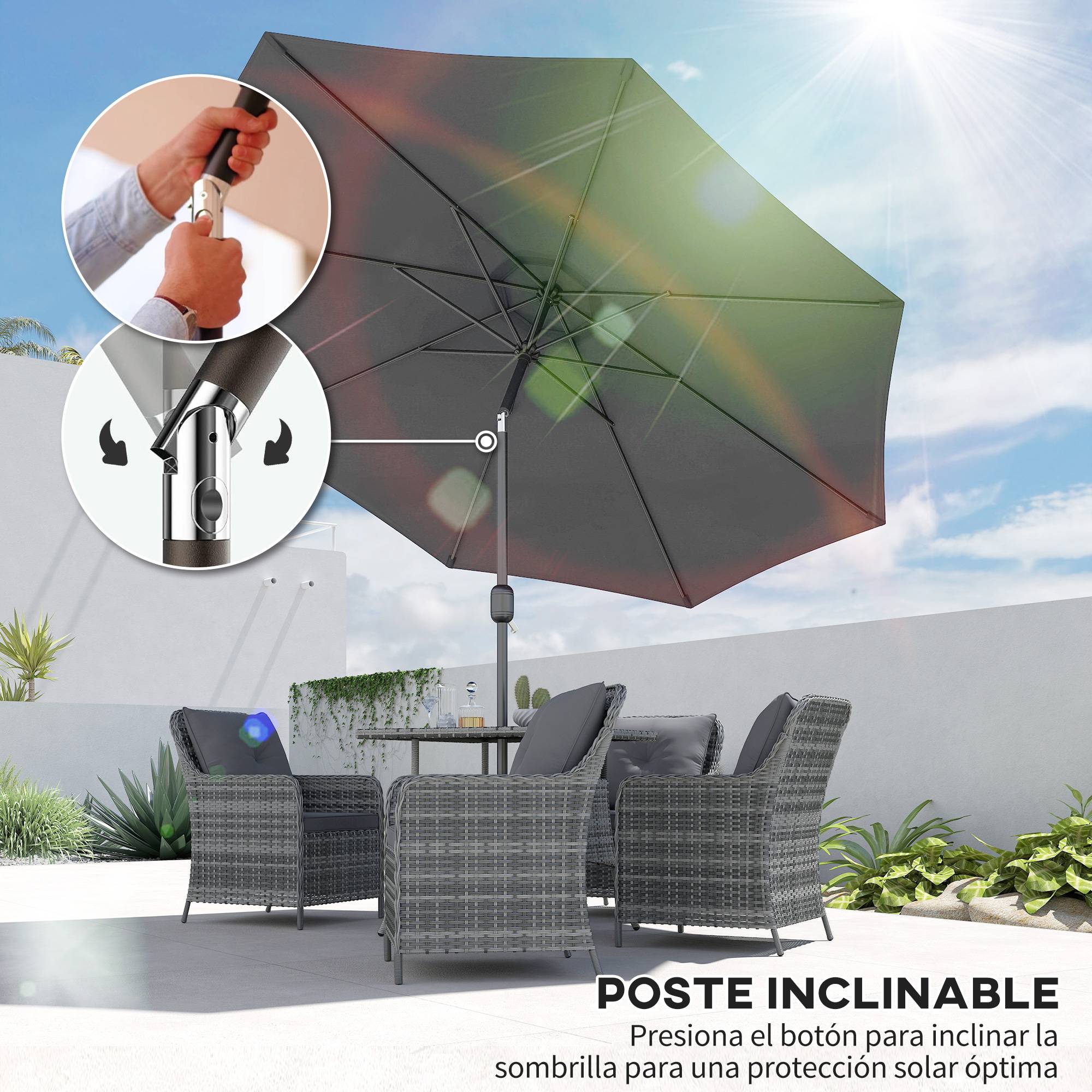 Parasol de jardin Ø295x250 cm, manivelle, inclinaison, mat metal demontable, terrasse piscine, gris fonce - Image 6