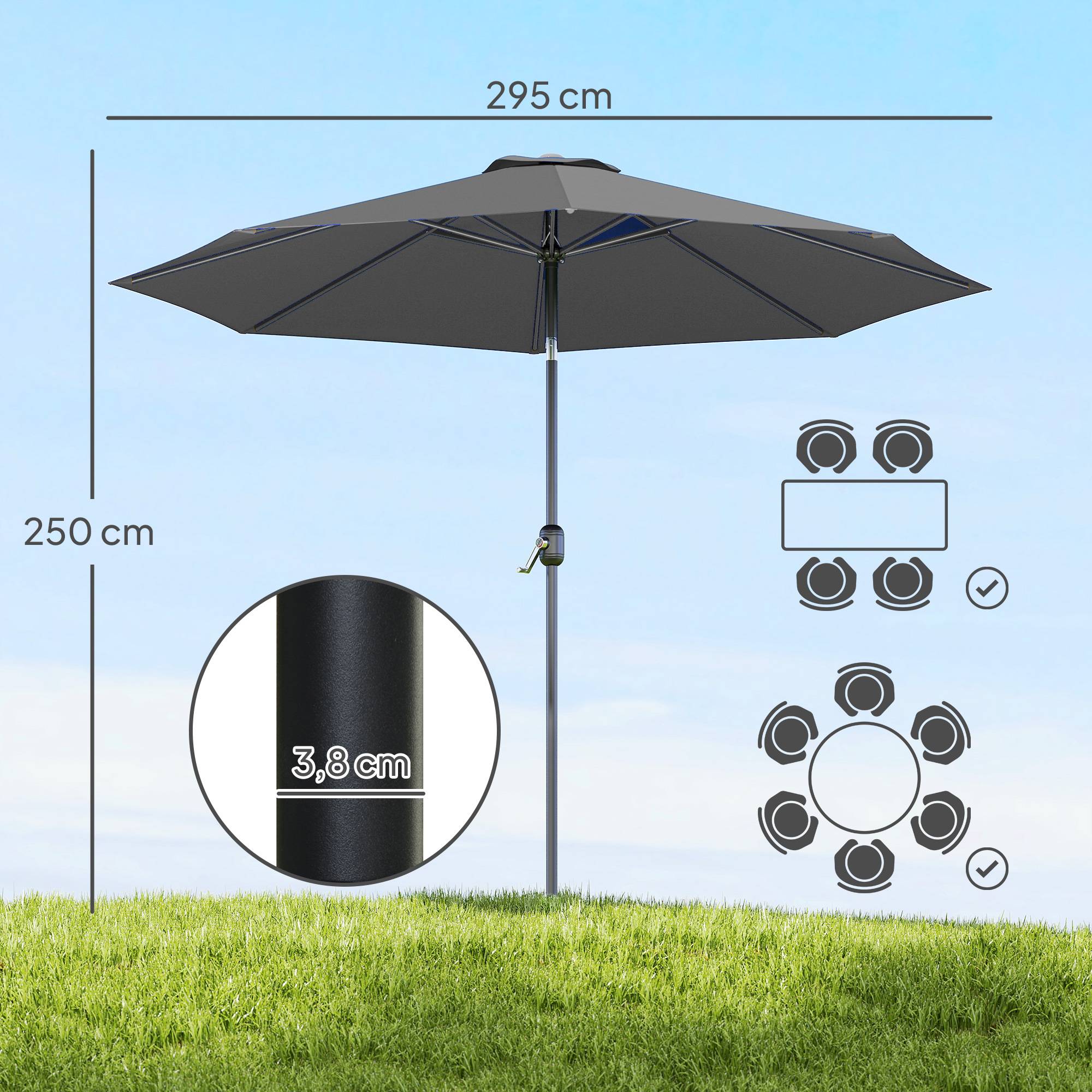 Parasol de jardin Ø295x250 cm, manivelle, inclinaison, mat metal demontable, terrasse piscine, gris fonce - Image 5