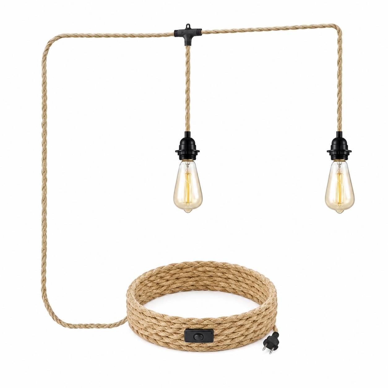 Suspension Vintage Cordes Chanvre 2 Douilles E27 6 Mètres Sans Ampoule - Image 1