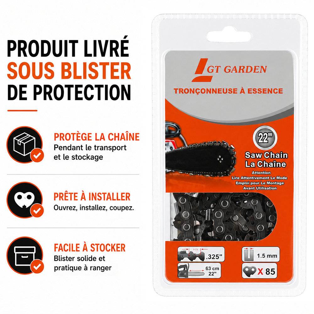 Gt Garden - Guide 22 pouces (55 cm) avec lot de 3 chaînes 85 maillons pour tronçonneuse - GT GARDEN - Imagen 4