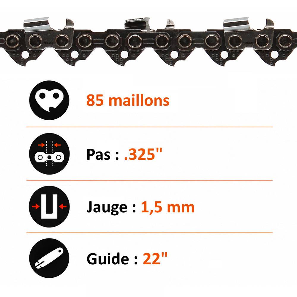 Gt Garden - Guide 22 pouces (55 cm) avec lot de 3 chaînes 85 maillons pour tronçonneuse - GT GARDEN - Imagen 3