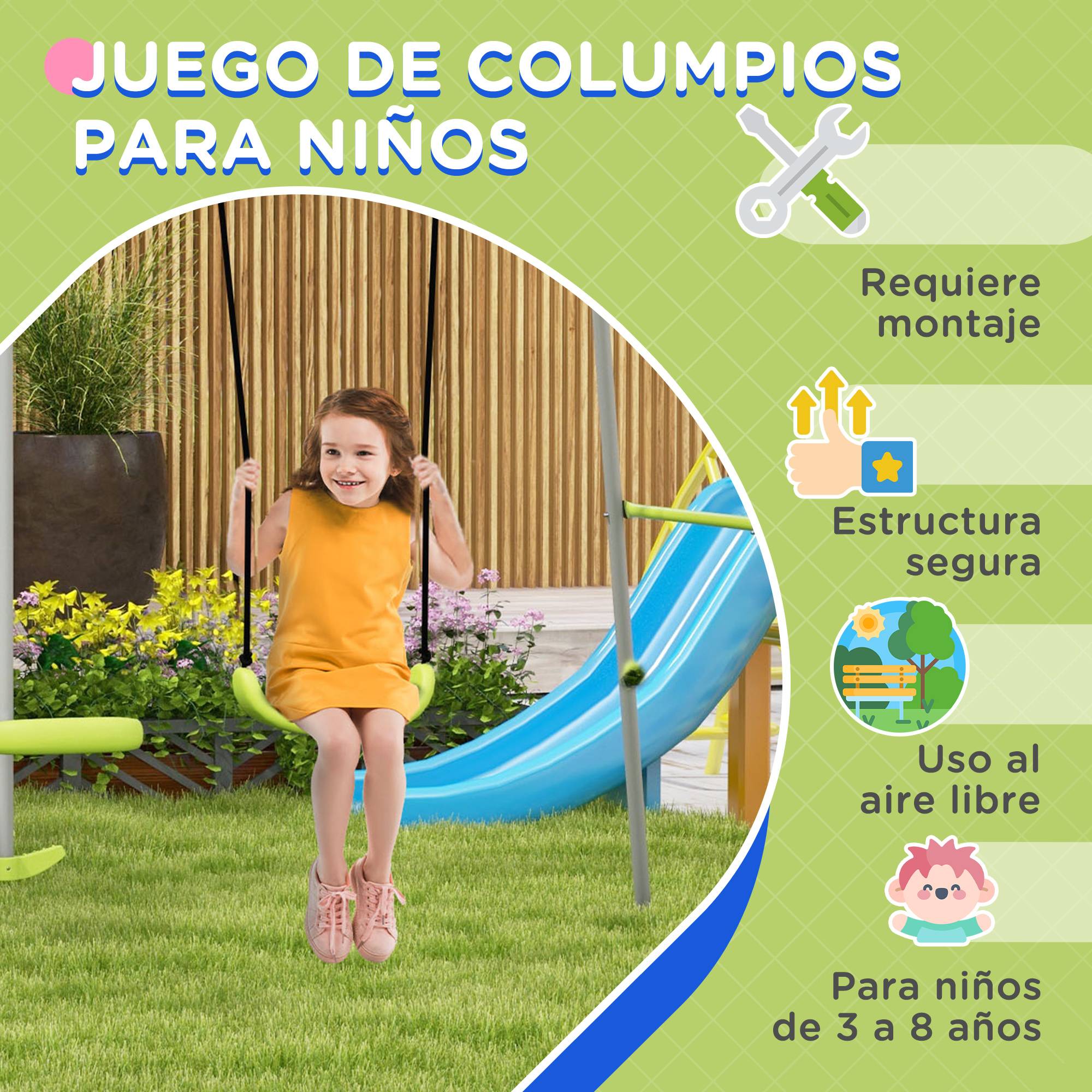 Balançoire jardin extérieur avec 1 siège simple et 1 planeur, traitement anti-UV, 255×160×180 cm, gris et vert, longue durée de vie - Image 7