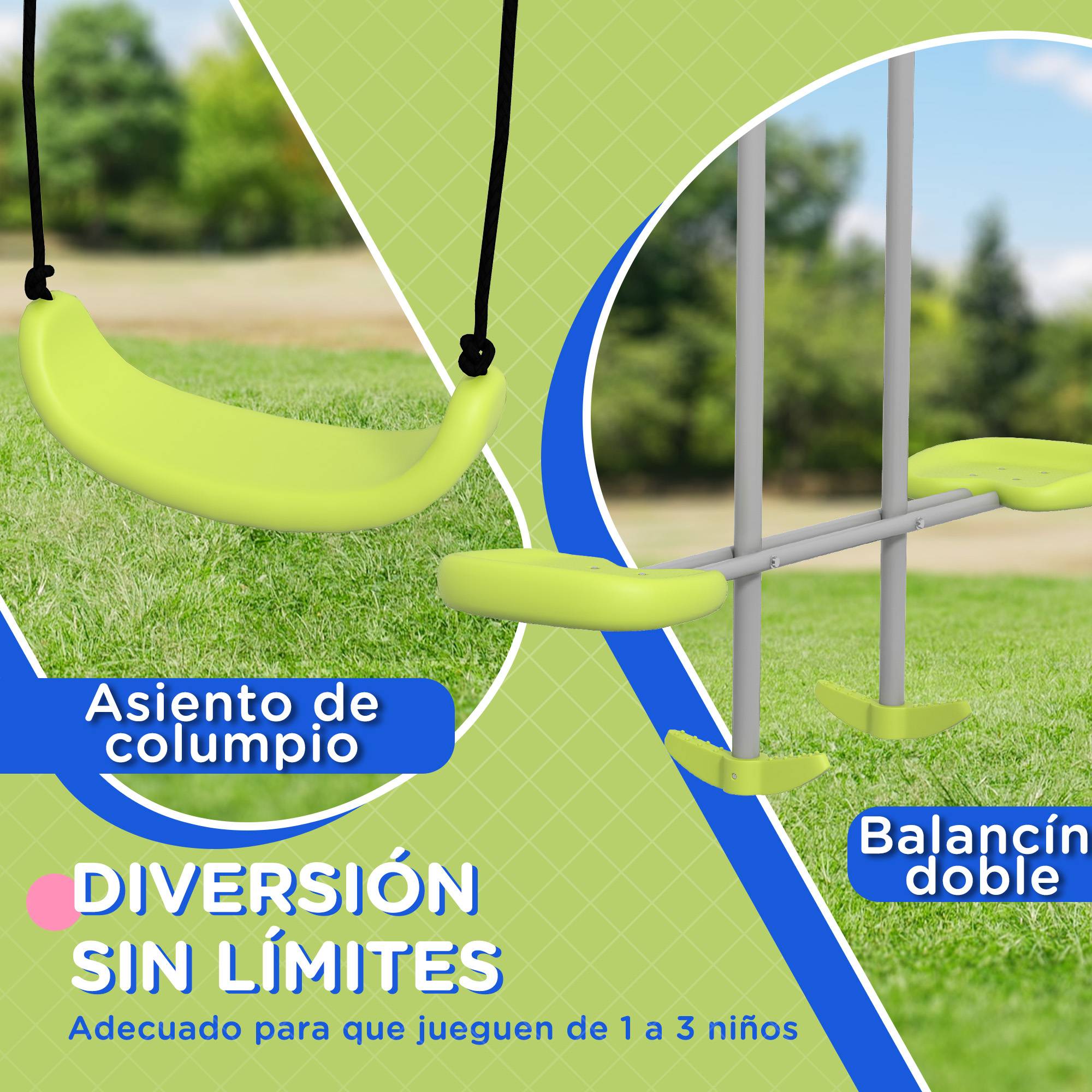 Balançoire jardin extérieur avec 1 siège simple et 1 planeur, traitement anti-UV, 255×160×180 cm, gris et vert, longue durée de vie - Image 4