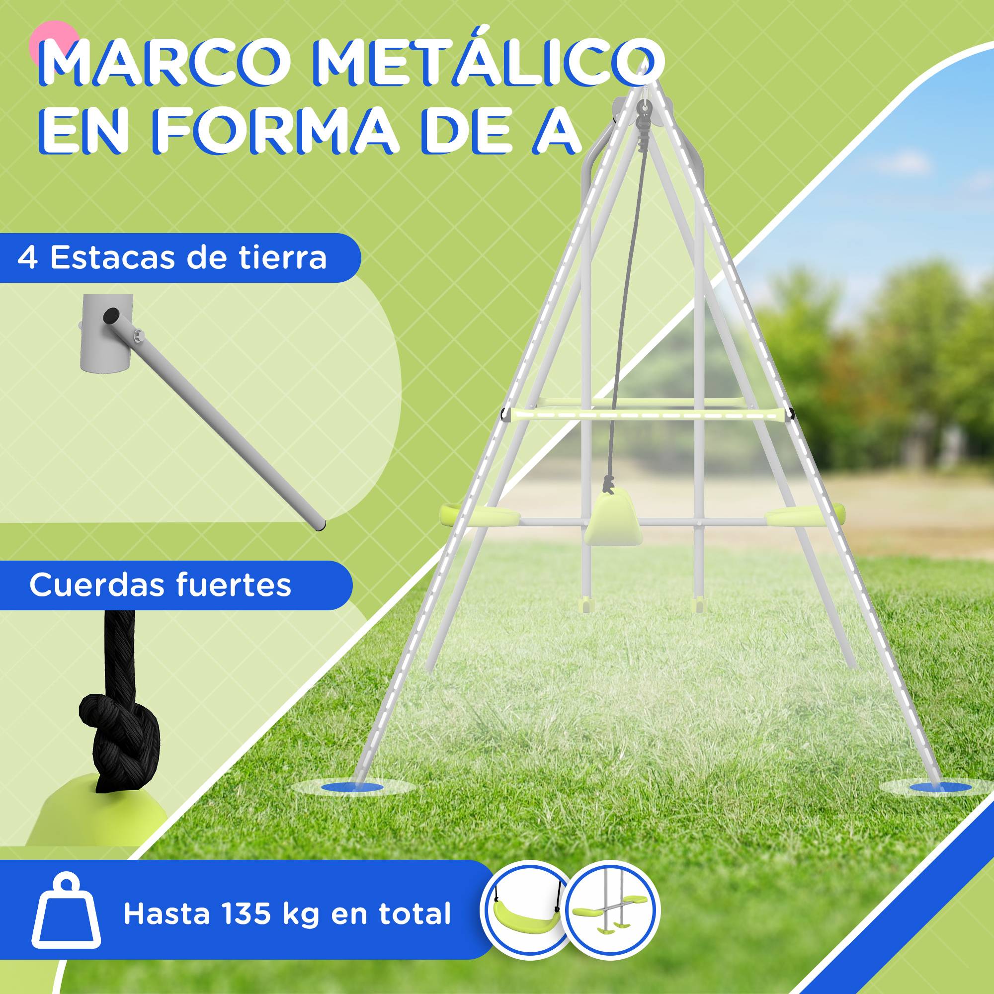 Balançoire jardin extérieur avec 1 siège simple et 1 planeur, traitement anti-UV, 255×160×180 cm, gris et vert, longue durée de vie - Image 5