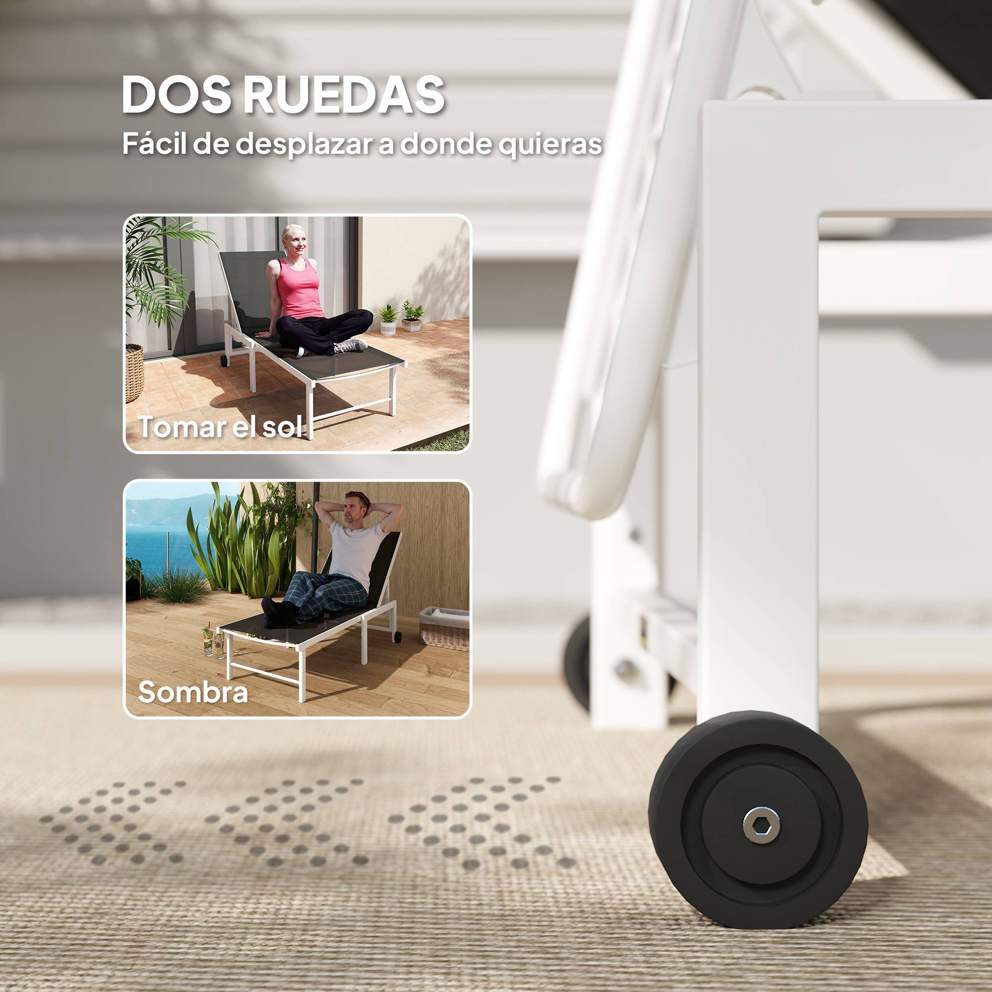 Transat inclinable extérieur jardin avec roues, dossier 5 positions, cadre acier,166x60x84 cm, gris - Image 9