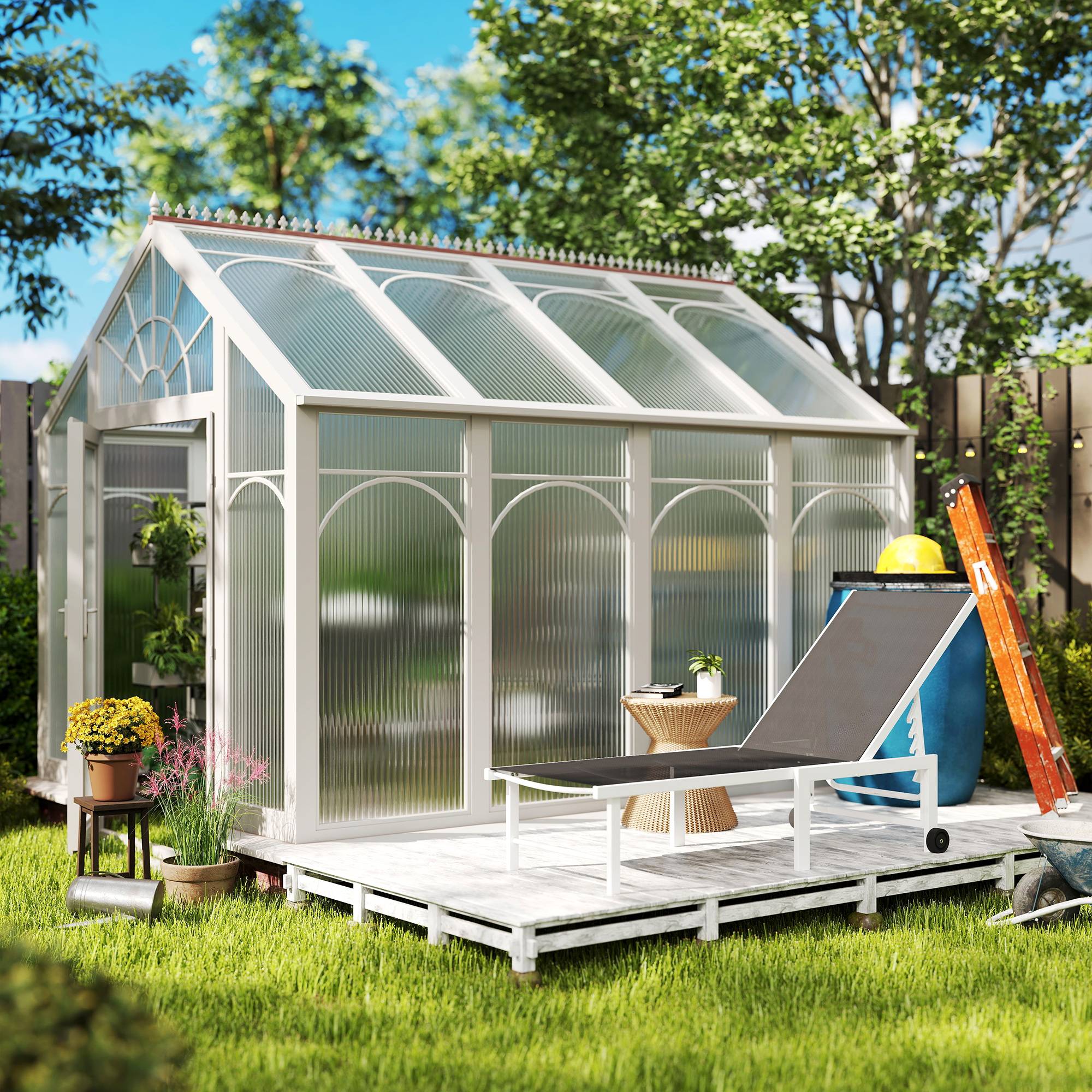 Transat inclinable extérieur jardin avec roues, dossier 5 positions, cadre acier,166x60x84 cm, gris - Image 10