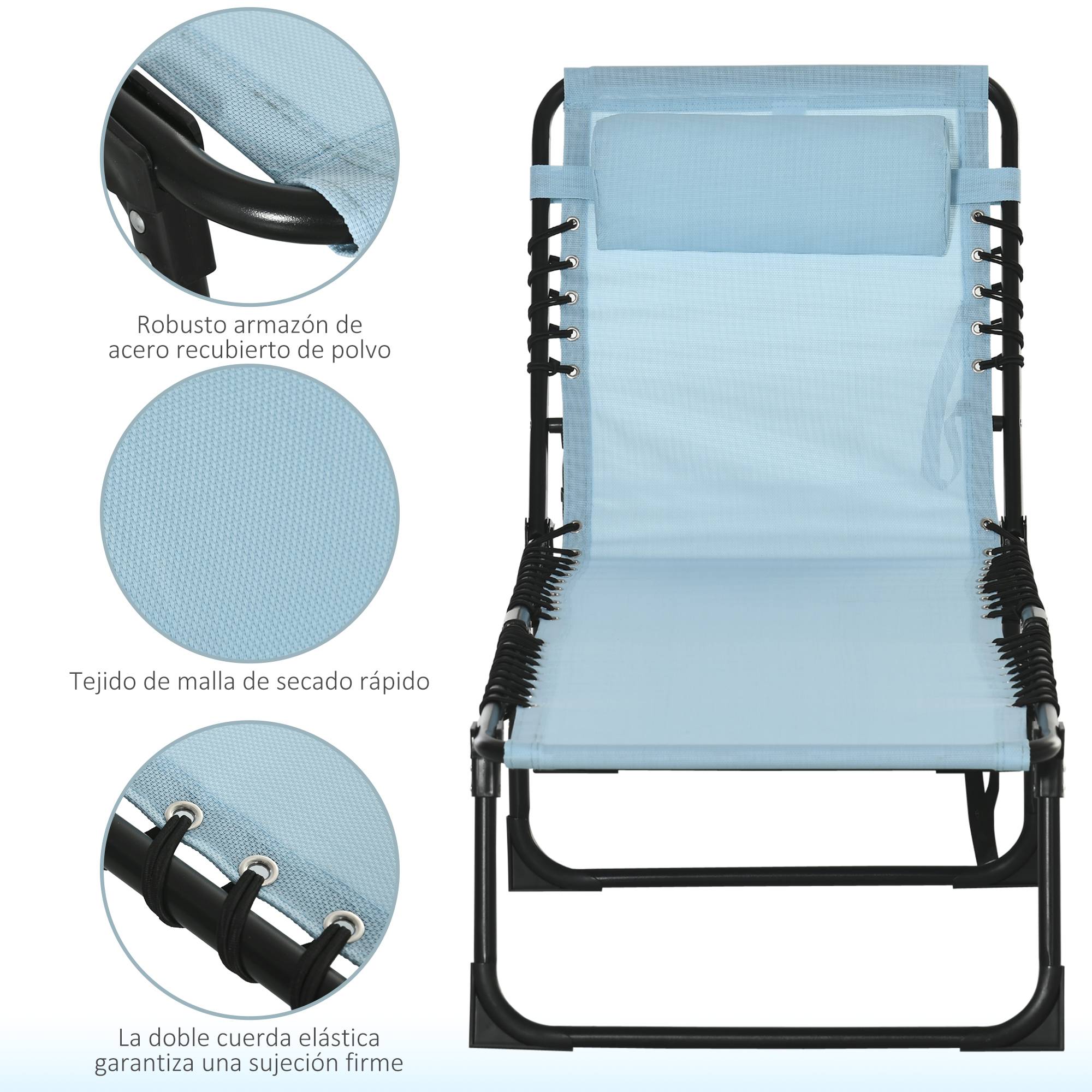 Transat pliant avec appui-tête, transat de jardin, inclinable en 4 positions, structure en acier, 189 x 58 x 30 cm, bleu - Image 7