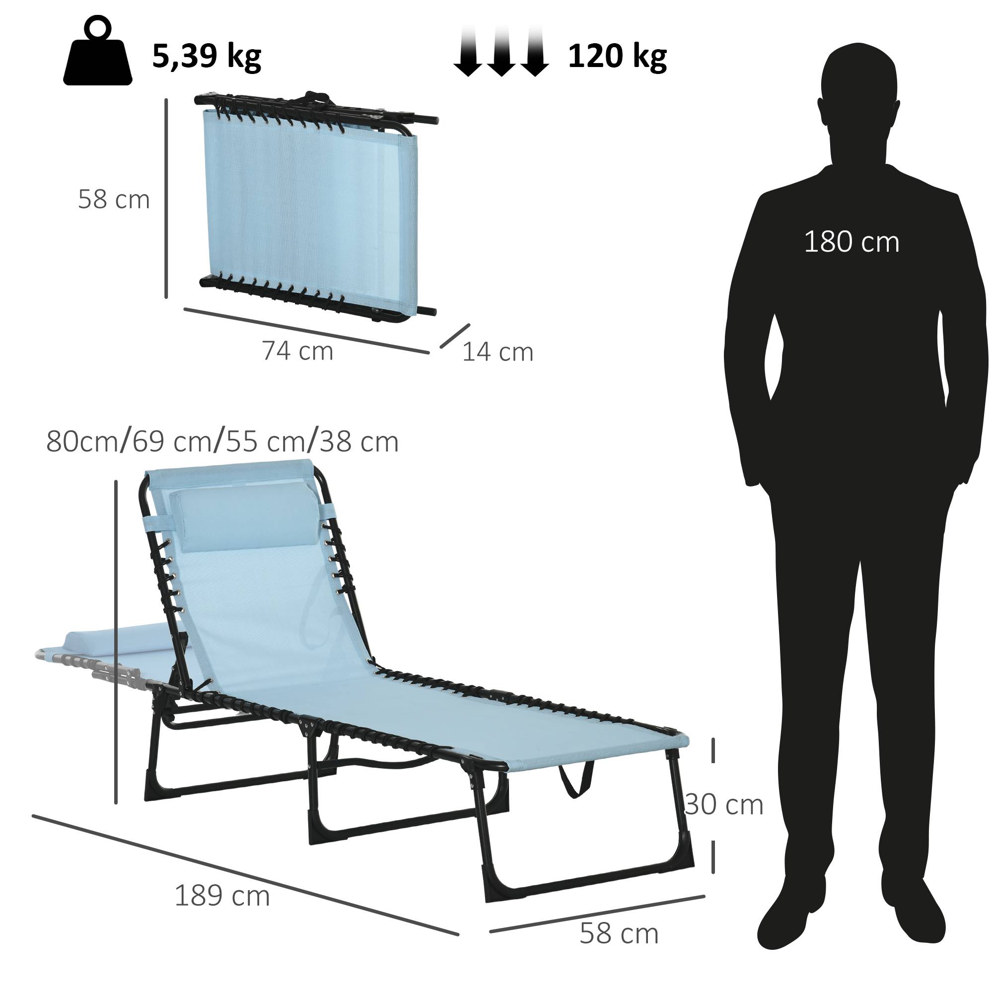 Transat pliant avec appui-tête, transat de jardin, inclinable en 4 positions, structure en acier, 189 x 58 x 30 cm, bleu - Image 5
