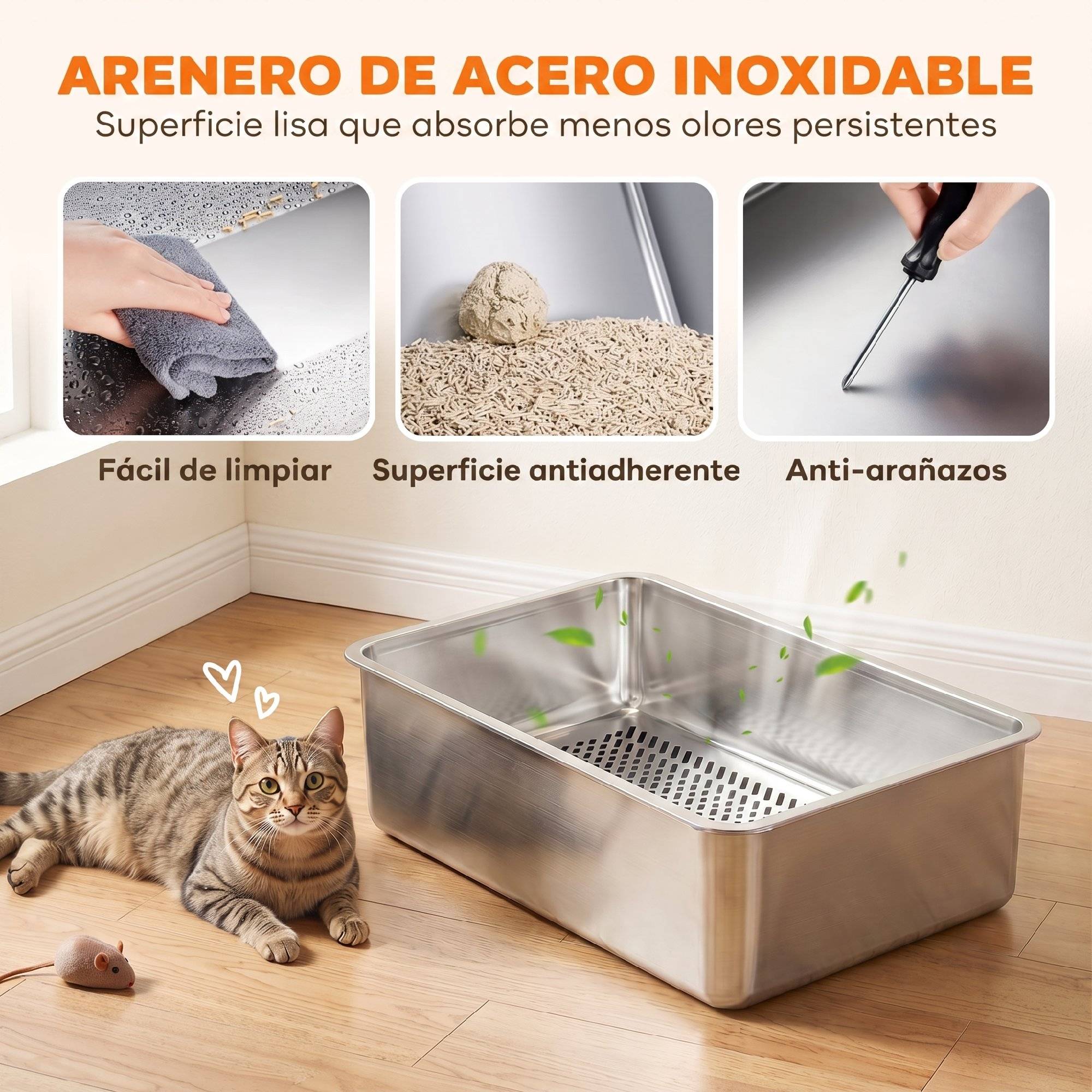 Litière chat acier inoxydable L bac tamisage bord haut pelle 10 alèses gris foncé - Image 8