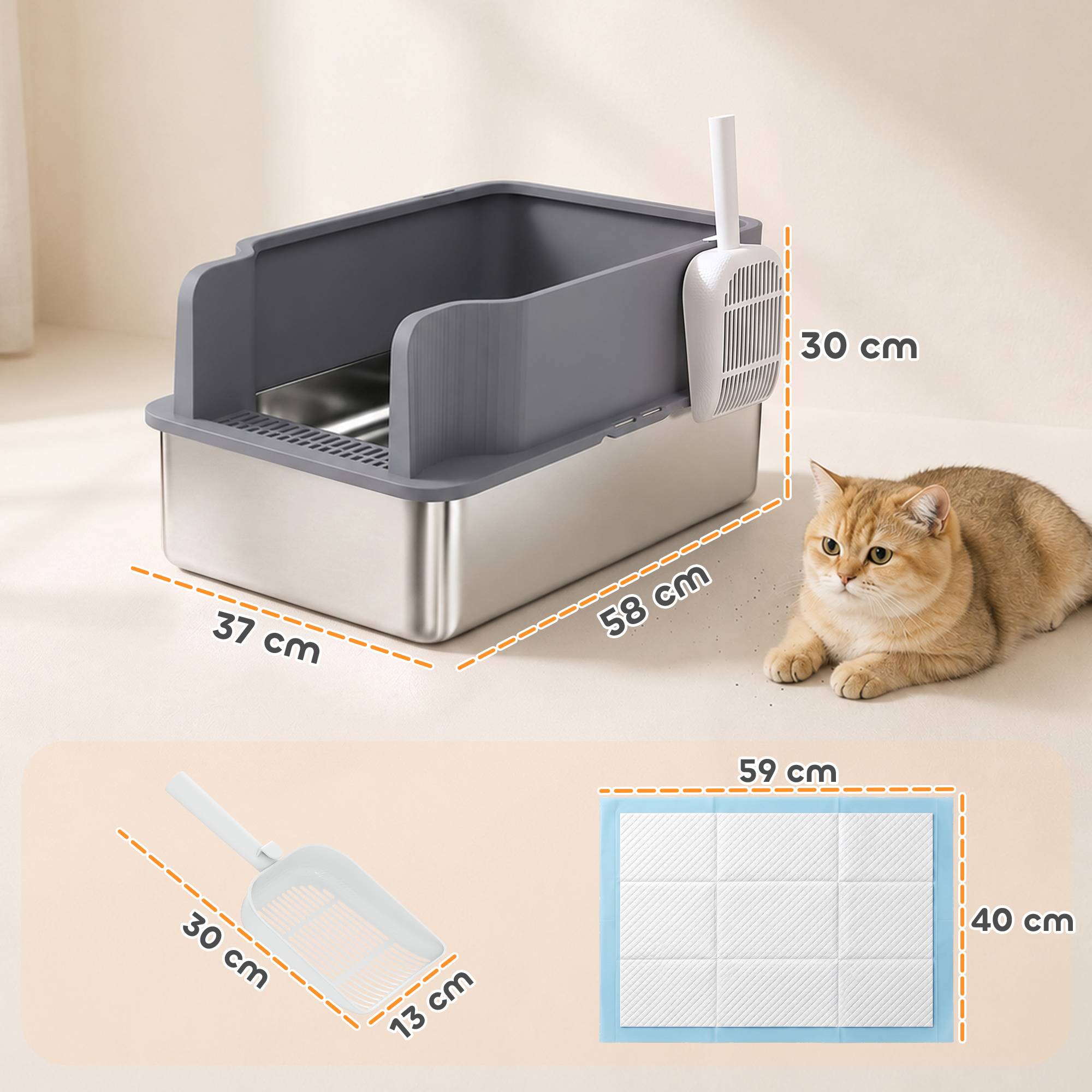 Litière chat acier inoxydable L bac tamisage bord haut pelle 10 alèses gris foncé - Image 5