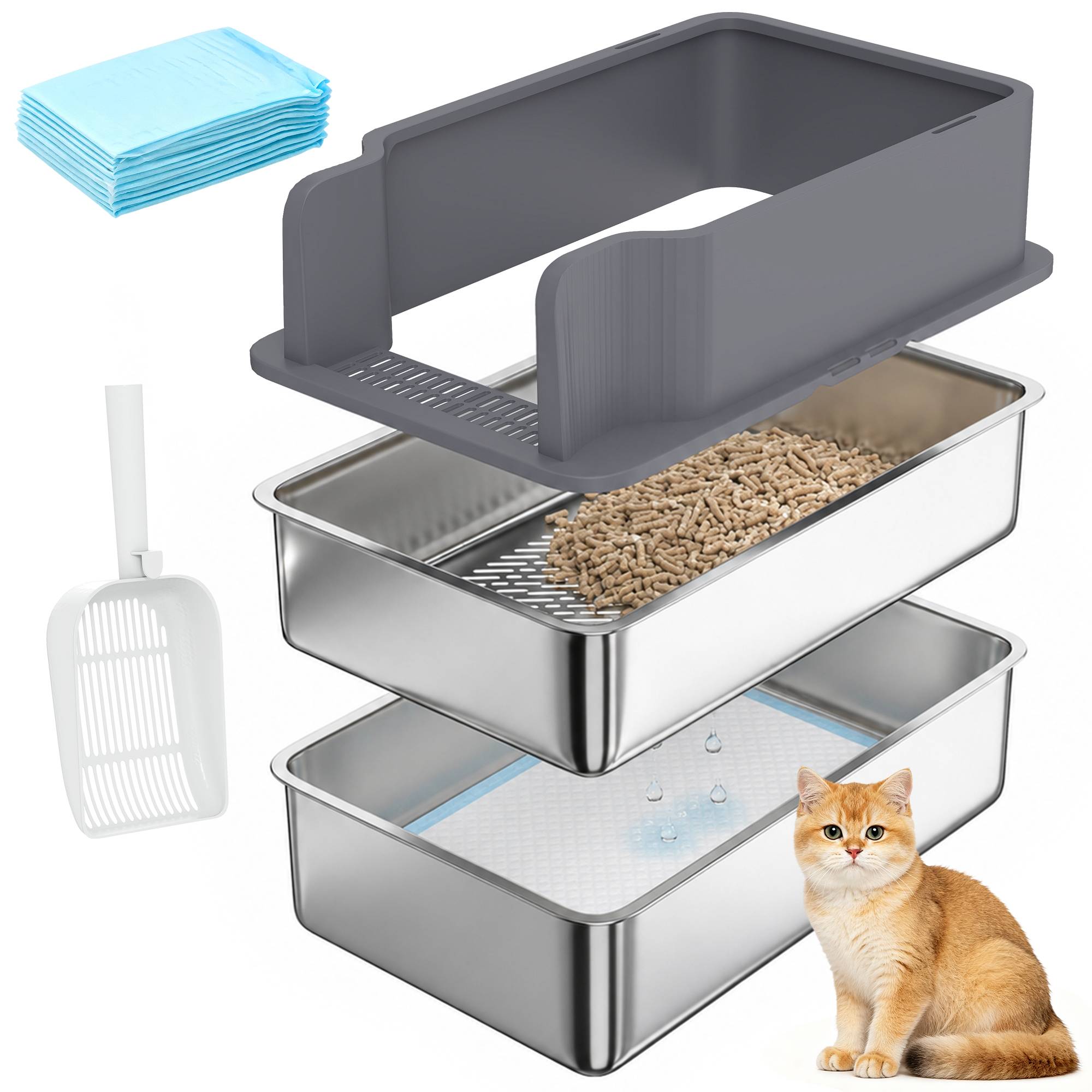 Litière chat acier inoxydable L bac tamisage bord haut pelle 10 alèses gris foncé - Image 1