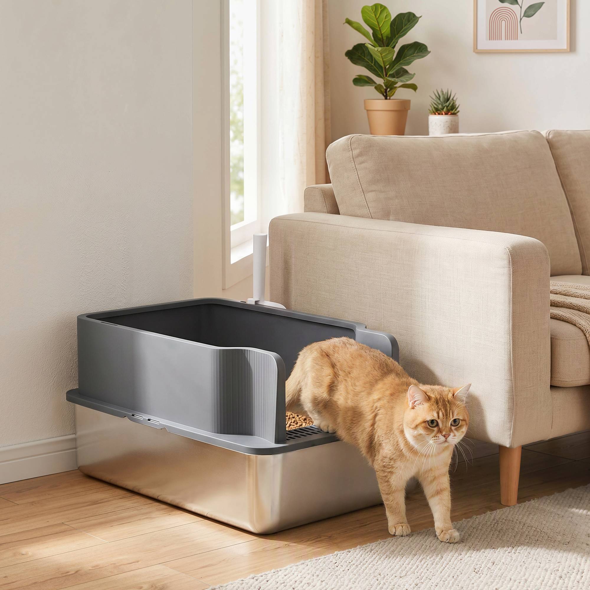 Litière chat acier inoxydable L bac tamisage bord haut pelle 10 alèses gris foncé - Image 4