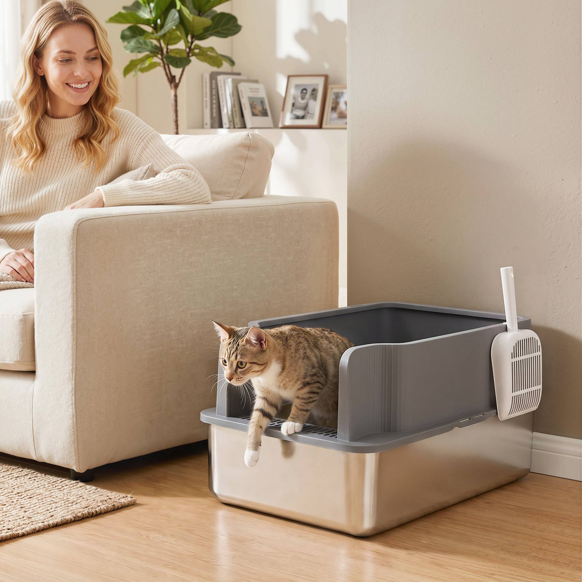 Litière chat acier inoxydable L bac tamisage bord haut pelle 10 alèses gris foncé - Image 3