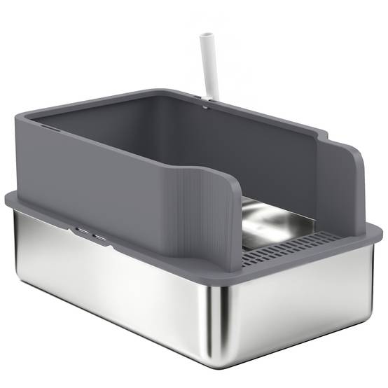 Litière chat acier inoxydable L bac tamisage bord haut pelle 10 alèses gris foncé - Image 2