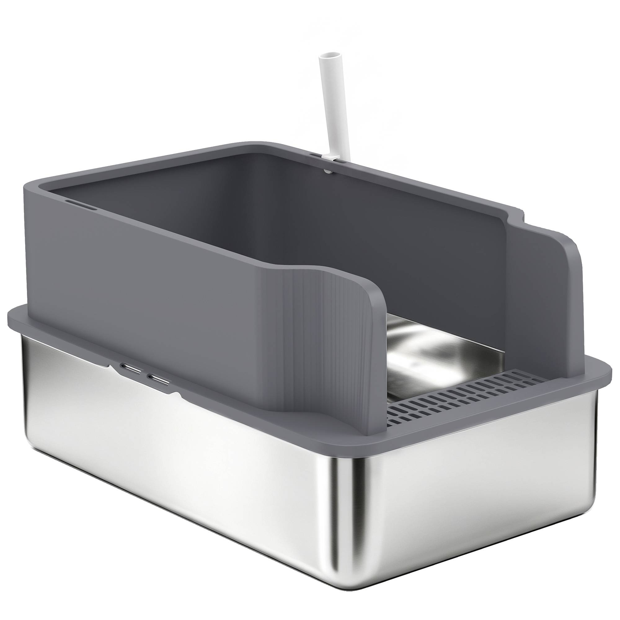 Litière chat acier inoxydable L bac tamisage bord haut pelle 10 alèses gris foncé - Image 2