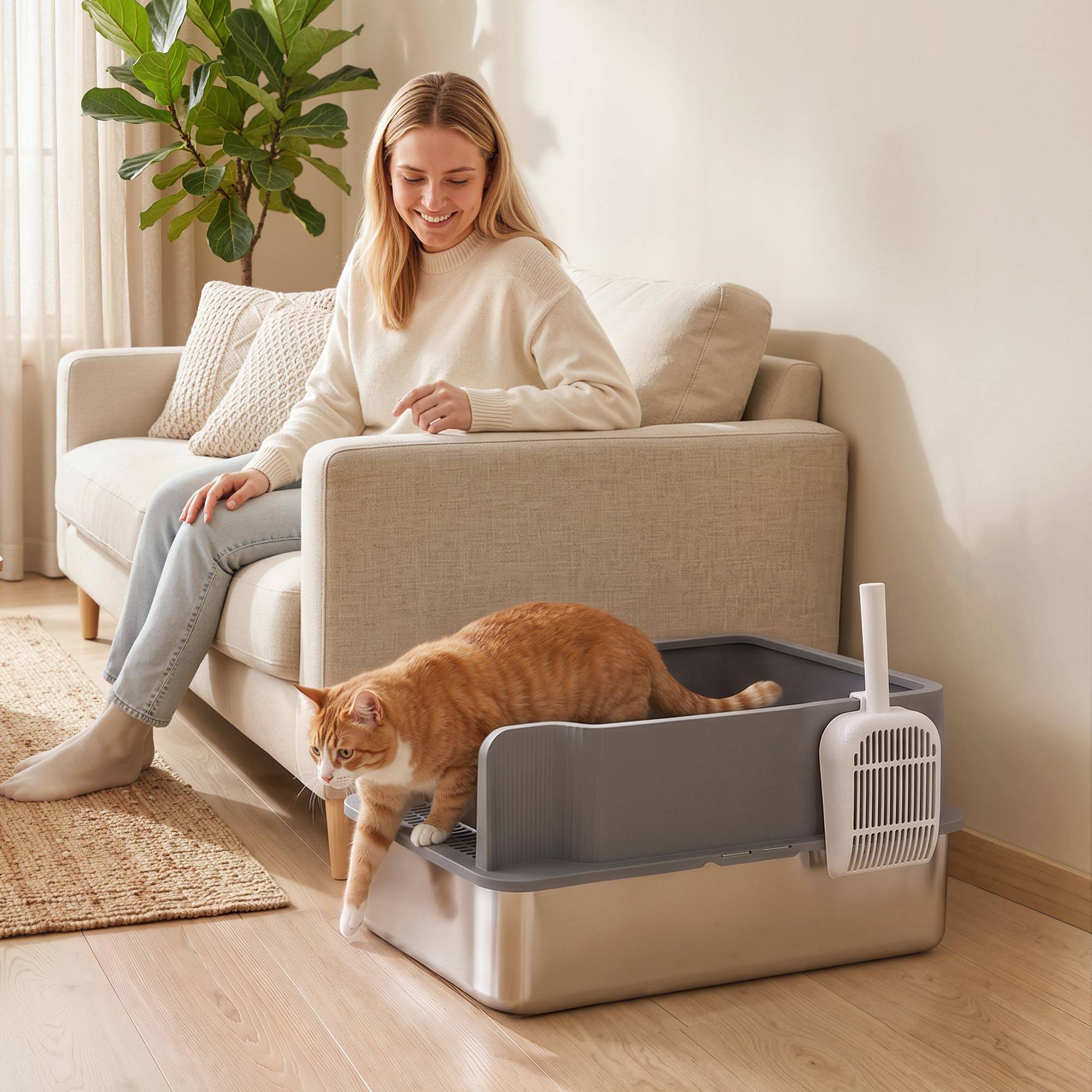 Litière chat acier inoxydable L bac tamisage bord haut pelle 10 alèses gris foncé - Image 10