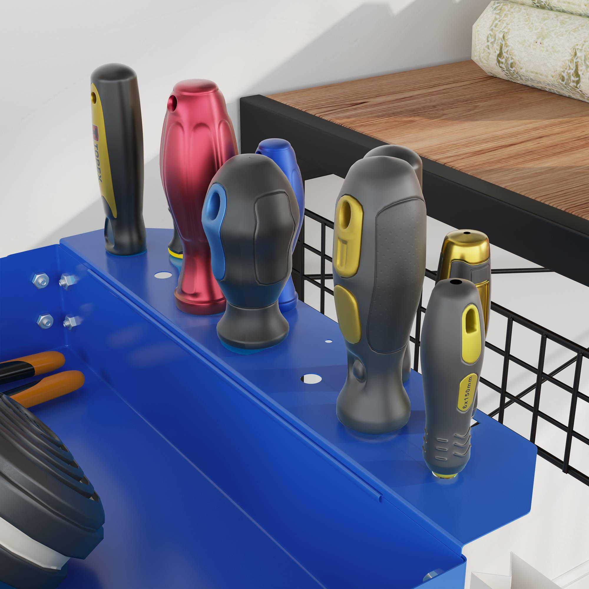 Sans Marque - Chariot à outils à 3 niveaux, 4 roues, Acier, 83 L x 35,3 P x 76 H cm, Bleu - Image 10