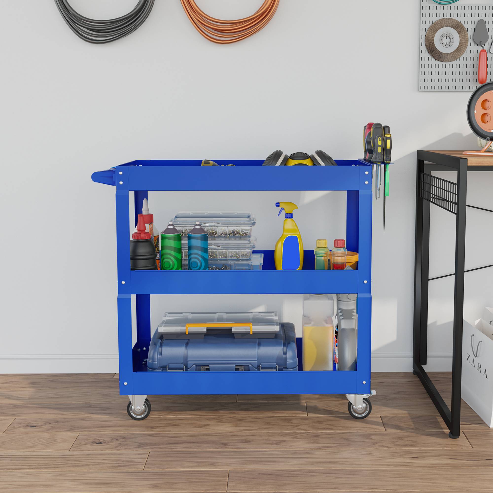 Sans Marque - Chariot à outils à 3 niveaux, 4 roues, Acier, 83 L x 35,3 P x 76 H cm, Bleu - Image 9