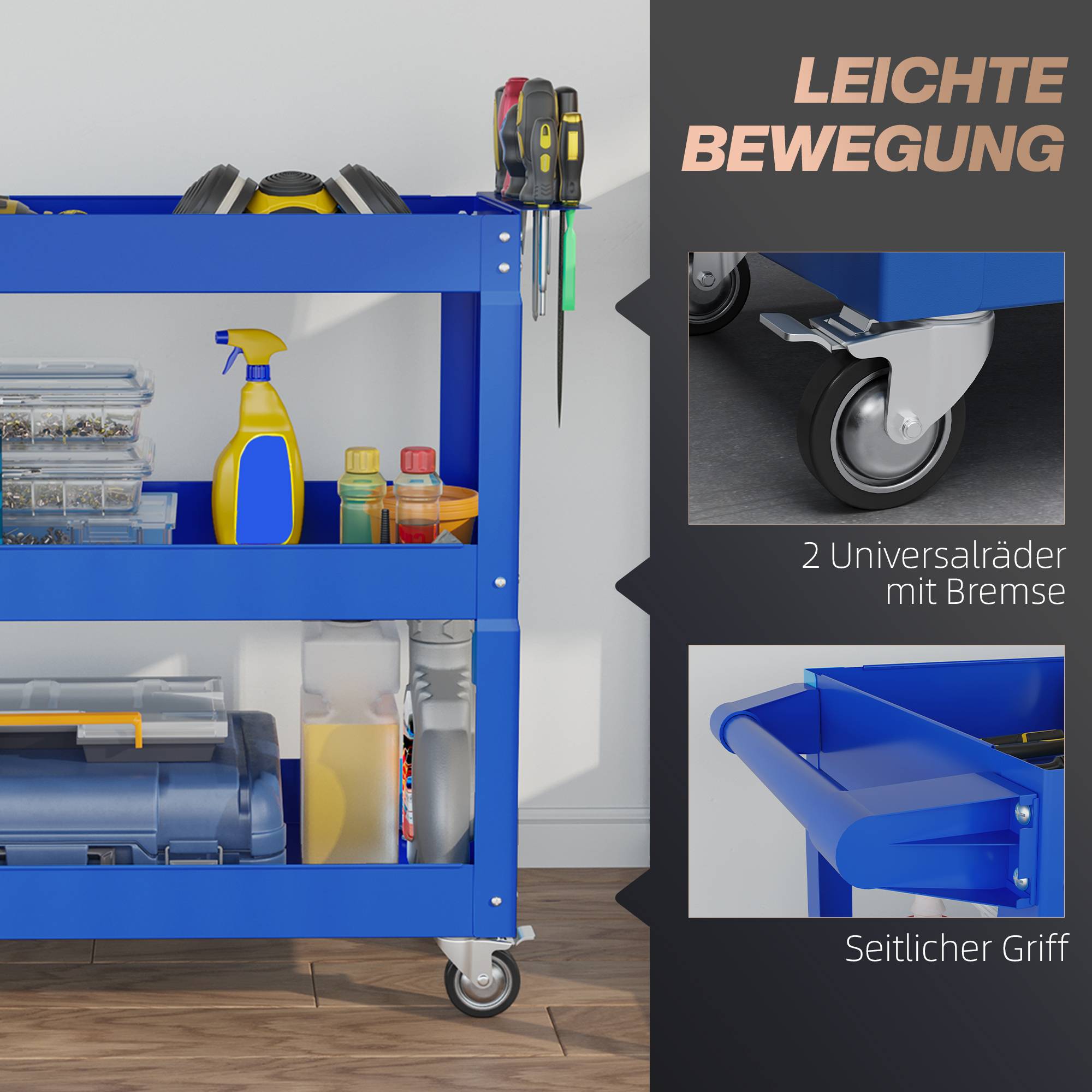 Sans Marque - Chariot à outils à 3 niveaux, 4 roues, Acier, 83 L x 35,3 P x 76 H cm, Bleu - Image 7