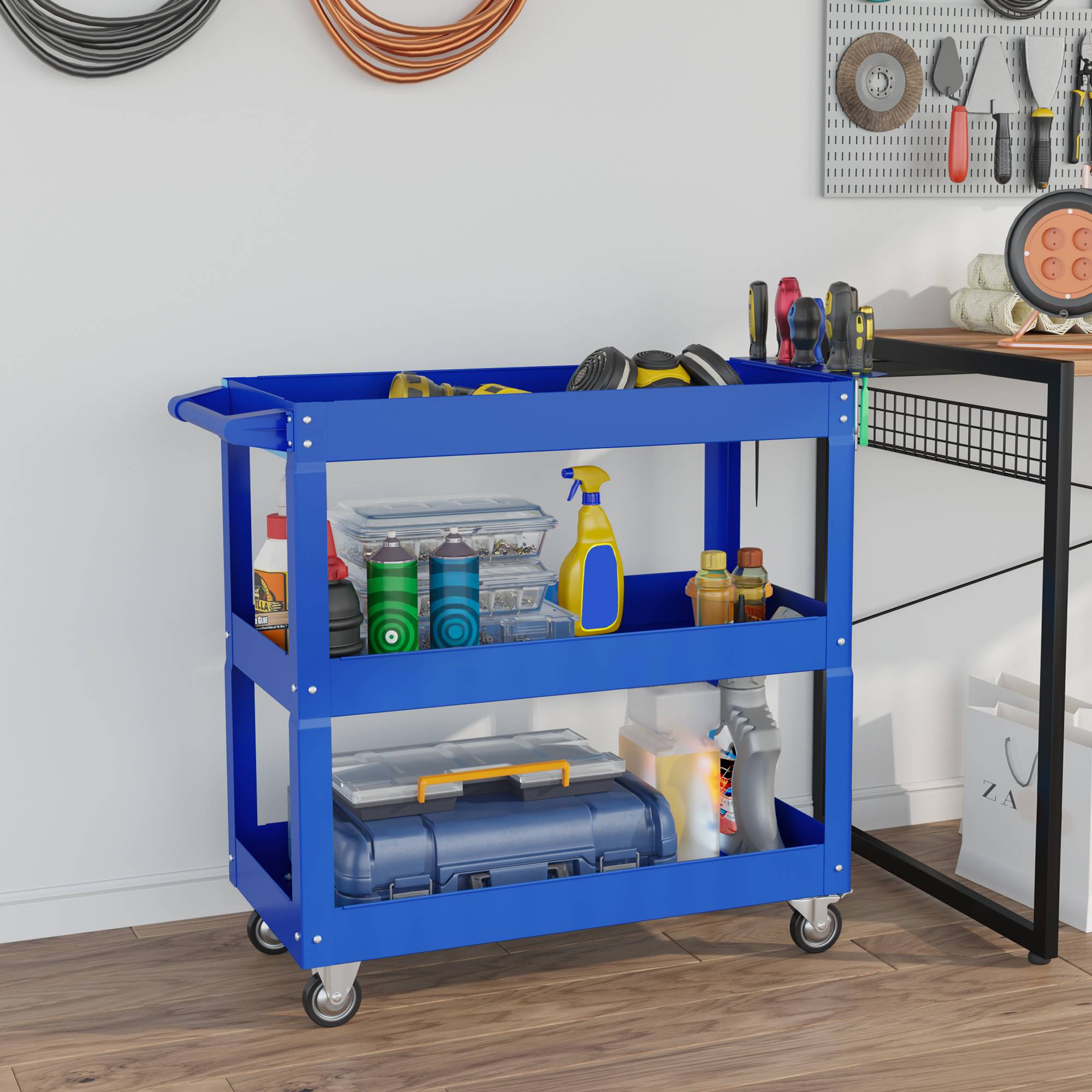 Sans Marque - Chariot à outils à 3 niveaux, 4 roues, Acier, 83 L x 35,3 P x 76 H cm, Bleu - Image 3