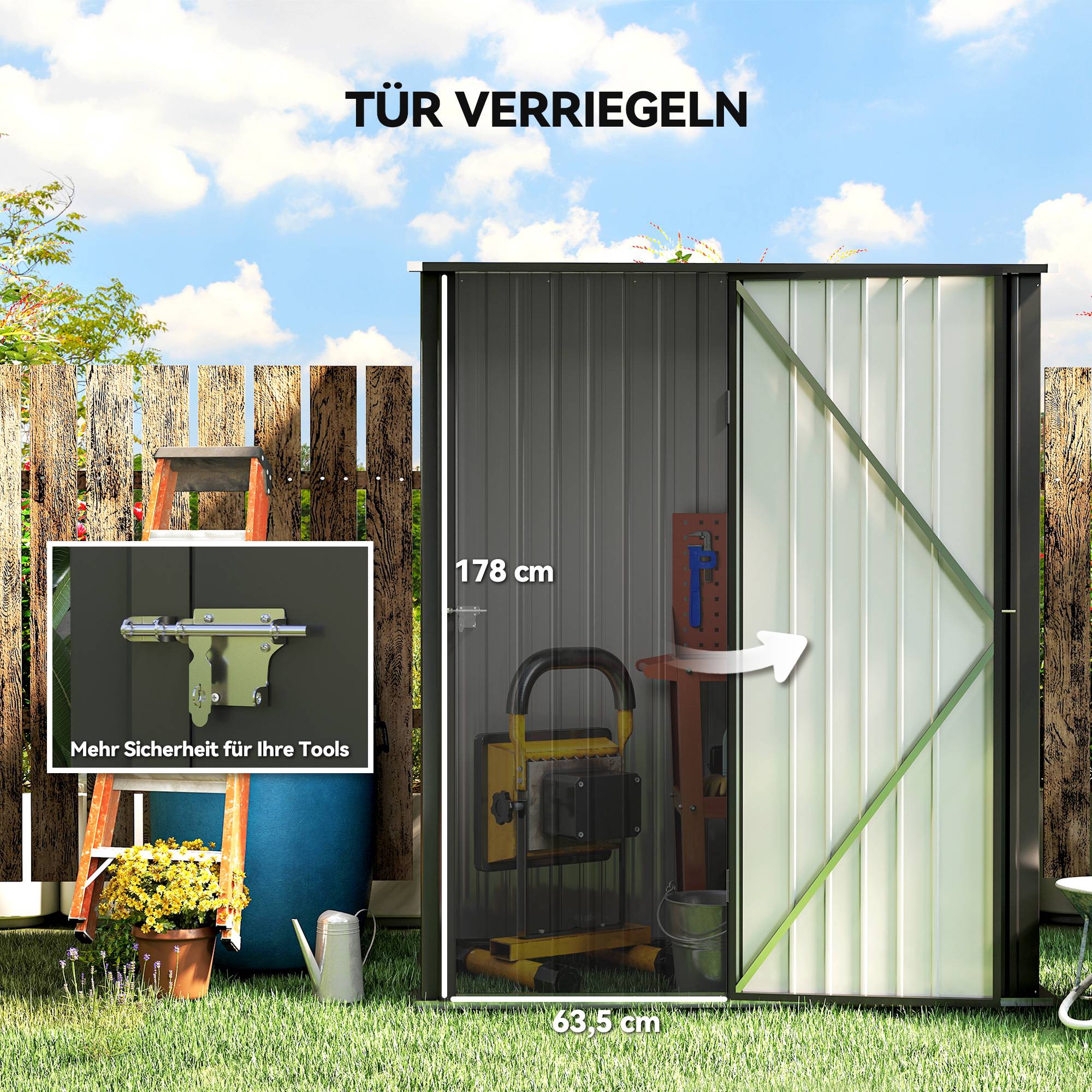 Abri de jardin remise outils porte verrouillable étagères incluses 161,5x94,5x196 cm noir abri extérieur sécurisé jardin - Image 7