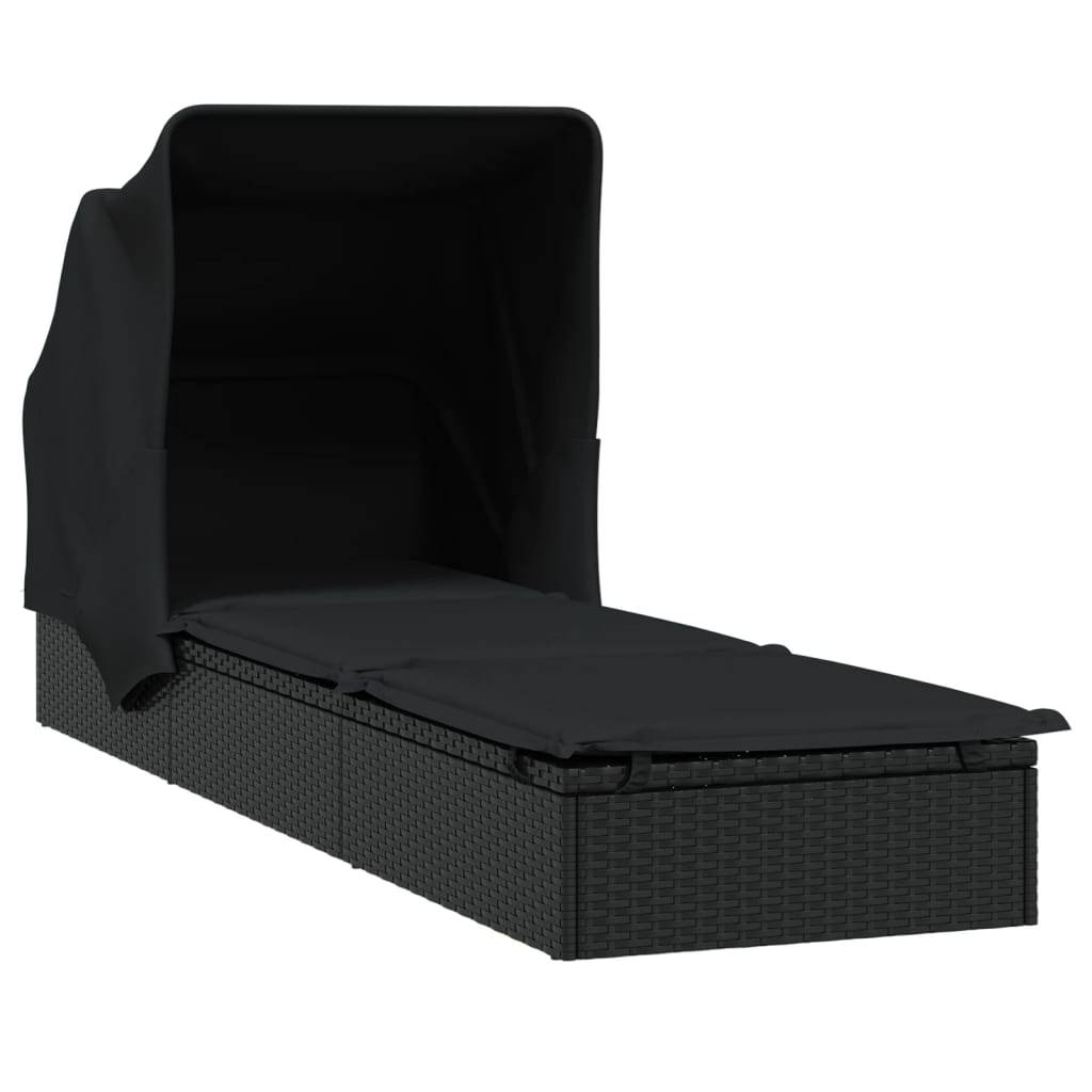 Helloshop26 - Transat chaise longue bain de soleil avec toit pliable 213 x 63 x 97 cm résine tressée noir - Imagen 1