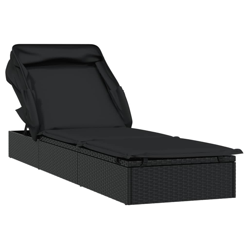Helloshop26 - Transat chaise longue bain de soleil avec toit pliable 213 x 63 x 97 cm résine tressée noir - Imagen 2