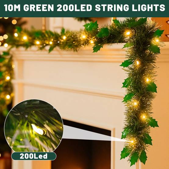 Lot de 2 Couronne de Noël à LED 10 m/32,8 pi avec 100 LED, vignes décoratives de Noël, convient pour portes,fenêtres et escaliers, lumière colorée (A) - Image 5