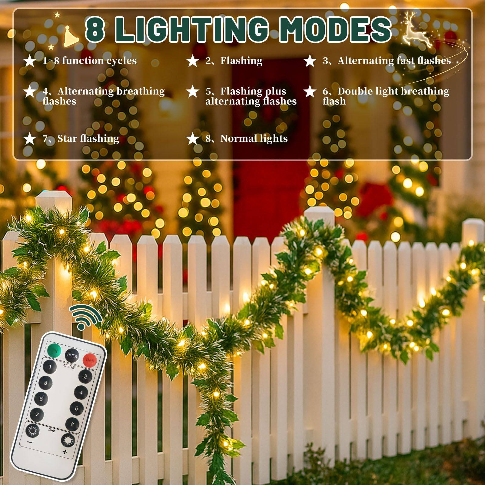 Lot de 2 Couronne de Noël à LED 10 m/32,8 pi avec 100 LED, vignes décoratives de Noël, convient pour portes,fenêtres et escaliers, lumière colorée (A) - Image 6