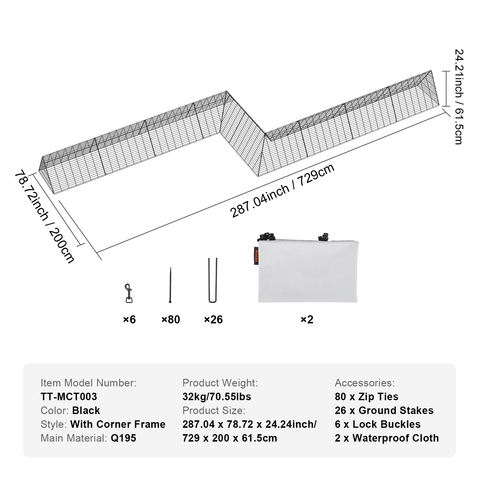 Vevor - VEVOR Enclos poulailler, 729x200x61,5 cm, tunnels. Portable, pour poulets, canards, lapins. - Image 7