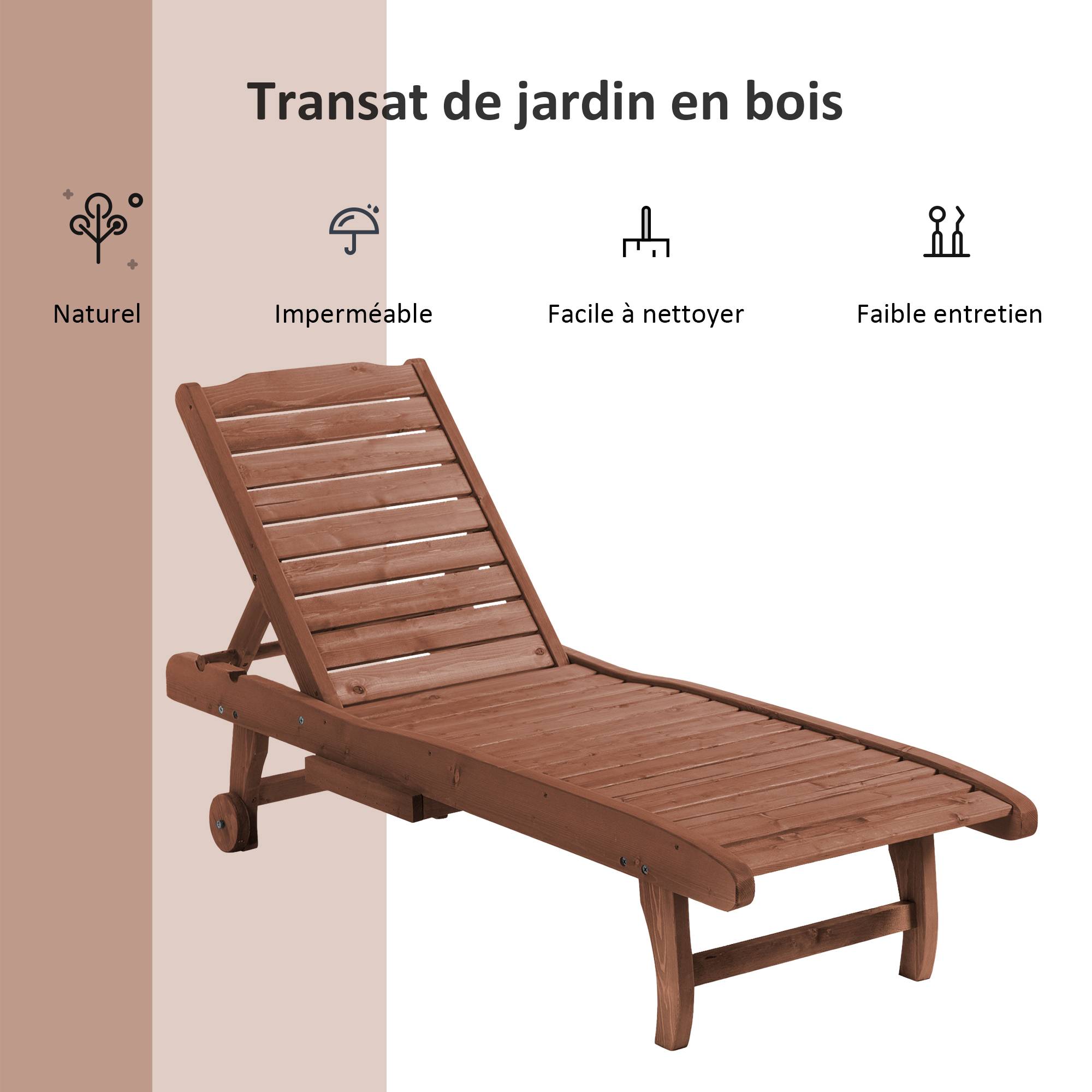 Bain de soleil style colonial, dossier 3 positions réglable, roulettes, tablette, bois de sapin pré-huilé - Image 9