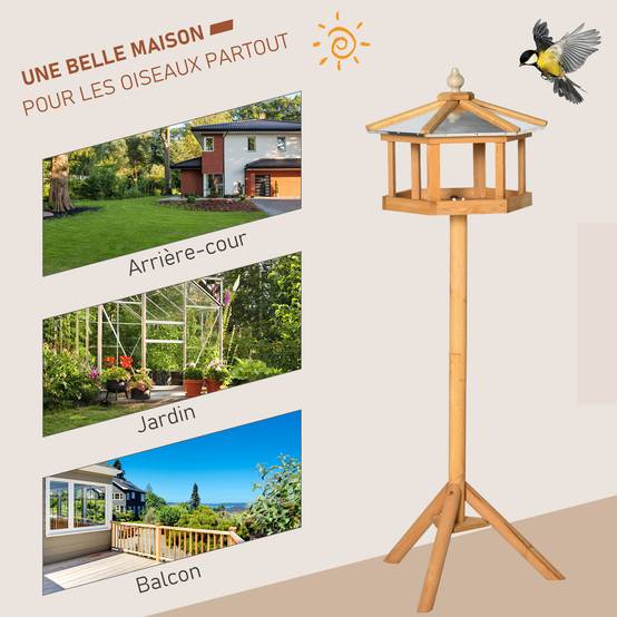 Mangeoire oiseaux sur pied bois massif abri jardin toit étanche 113cm marron - ComfortXL Outdoor Living - Image 6